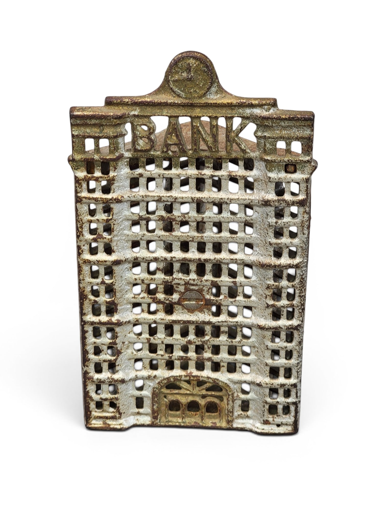 HUBLEY CAST IRON BUILDING BANK: Triangular Building (Moore 1235). Provenance: a northeast Ohio collection. NOTE: We are happy to answer questions and take additional photos of lots prior to the auction (the sooner submitted the bett