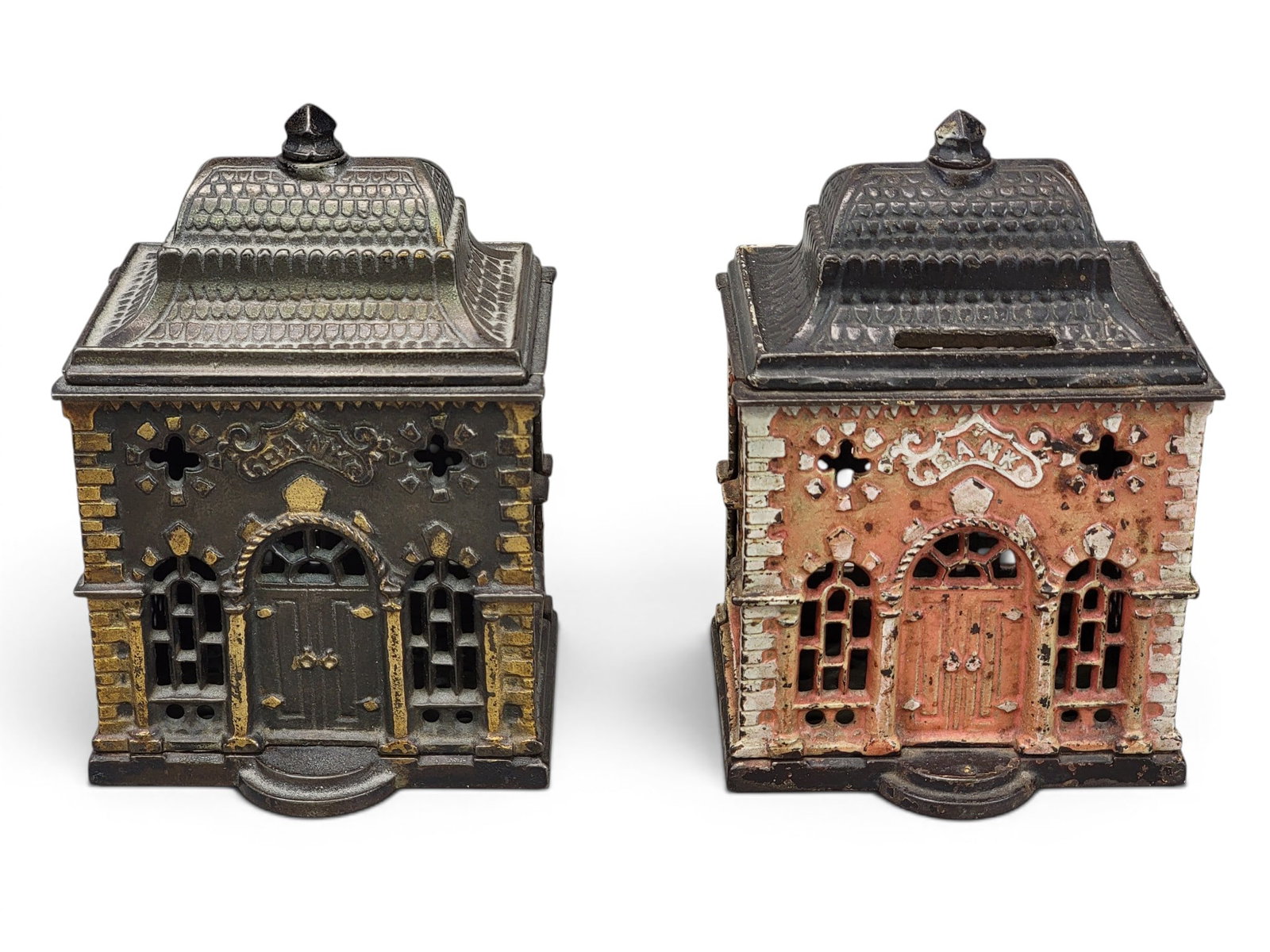 TWO CAST IRON ROOF BANKS: J&E Stevens (Moore 1122). Provenance: a northeast Ohio collection. NOTE: We are happy to answer questions and take additional photos of lots prior to the auction (the sooner submitted the better). Any