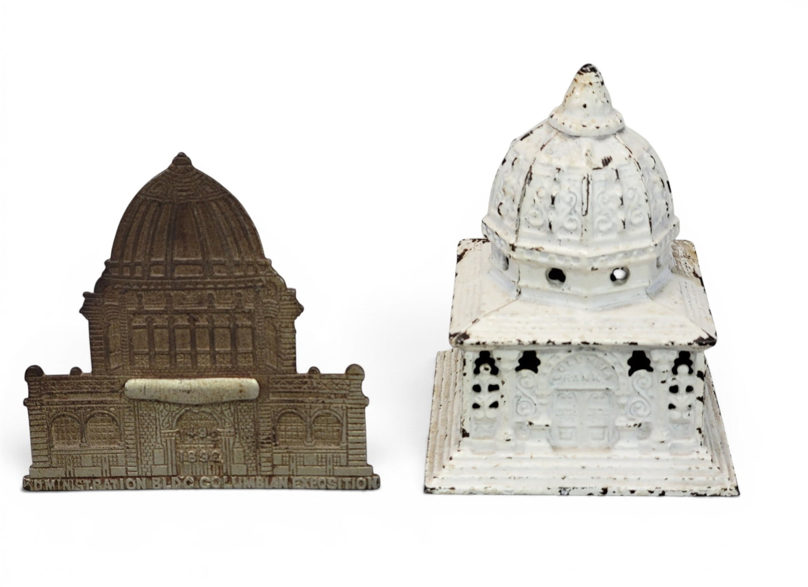 TWO CAST IRON BUILDING BANKS (1 of 5)