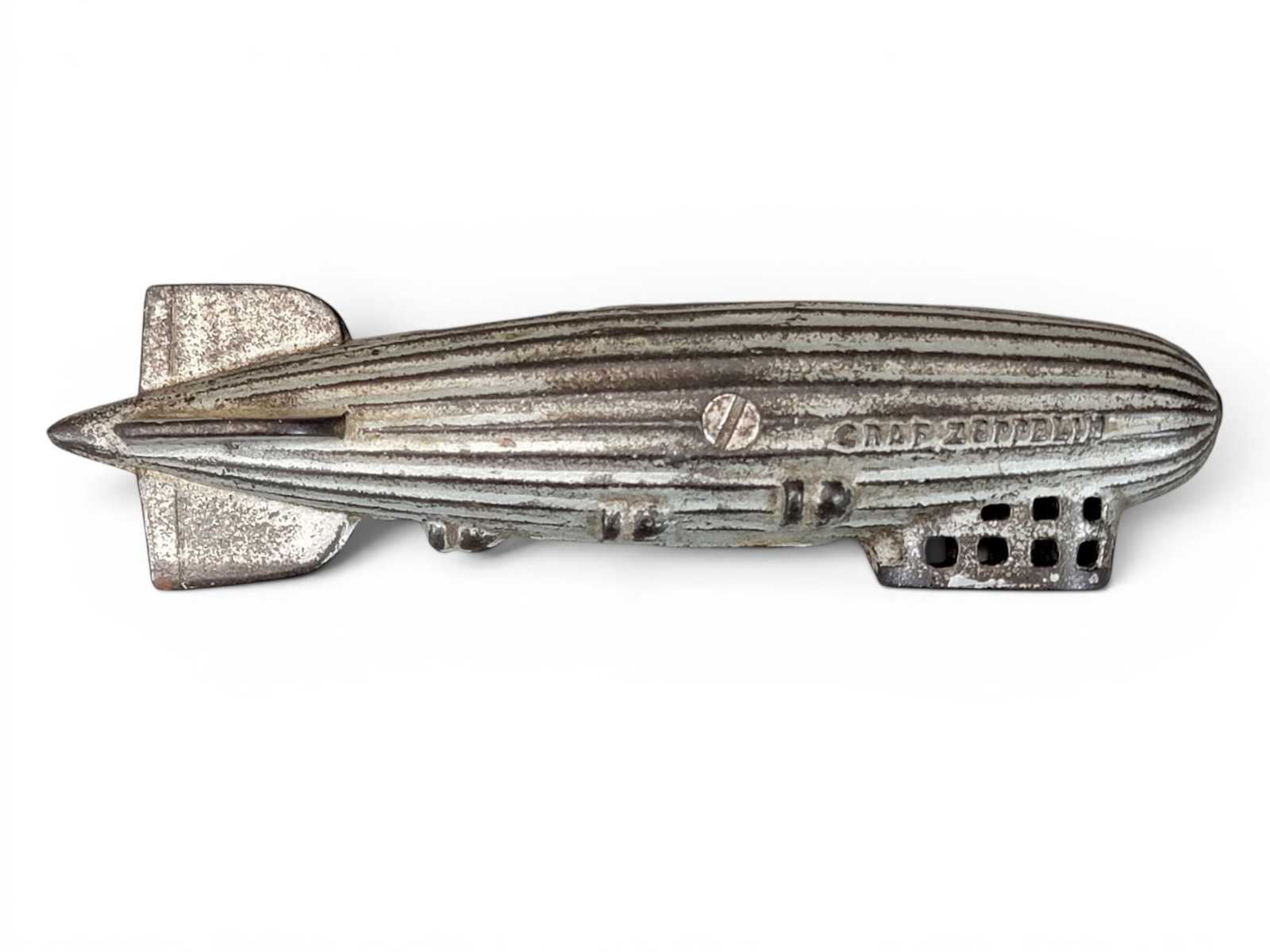 THREE CAST IRON SHIP AND AIRSHIP BANKS: Includes AC Williams US Navy Zeppelin Akron (Moore 1432); Grey Iron Casting Maine Small (Moore 1440); and J&E Stevens Oregon Small (Moore 1450). Provenance: a northeast Ohio collection. NOTE: We are h