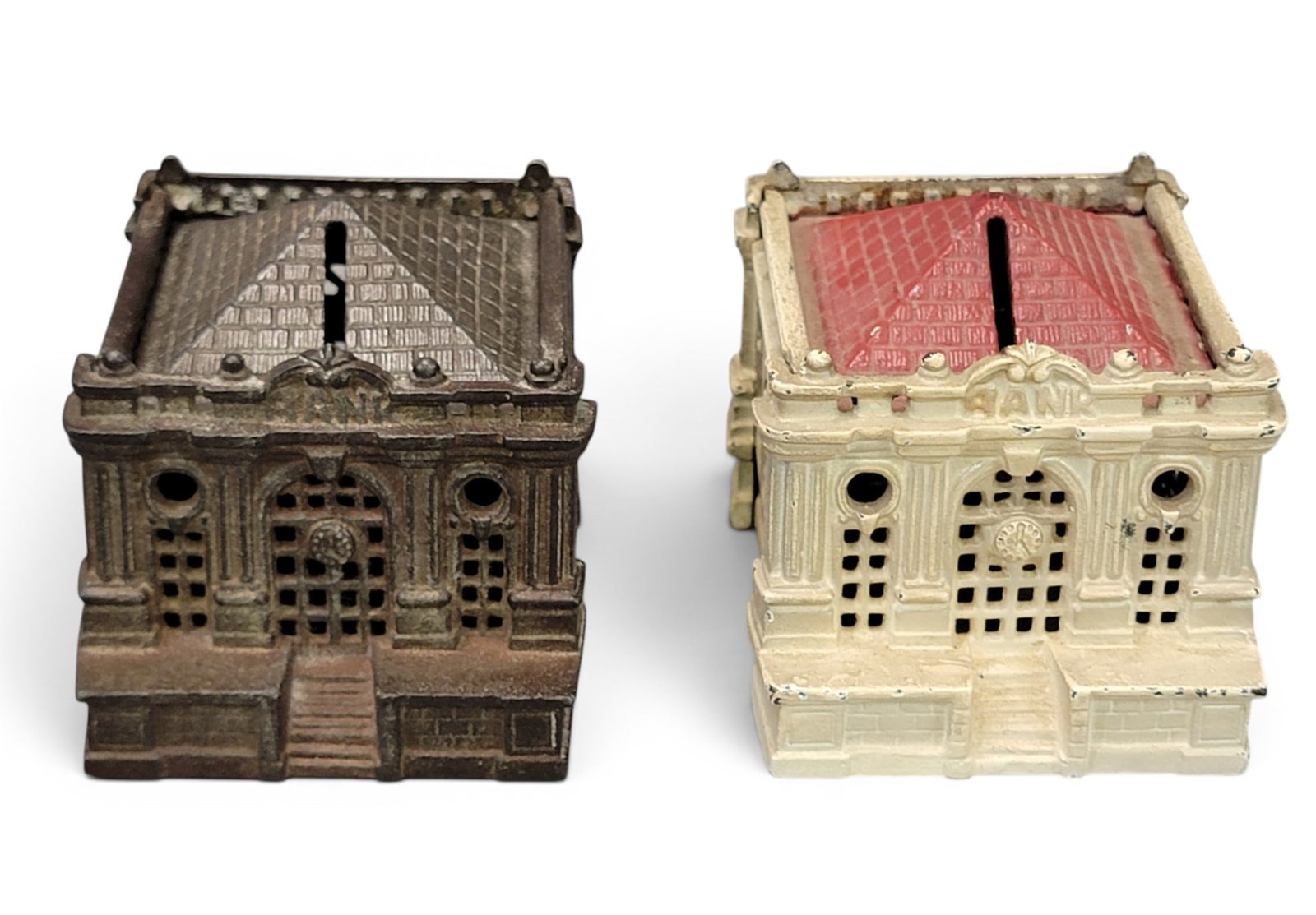 TWO CAST IRON U.S. TREASURY BANKS: Grey Iron Casting (Moore 1053). Provenance: a northeast Ohio collection. NOTE: We are happy to answer questions and take additional photos of lots prior to the auction (the sooner submitted the