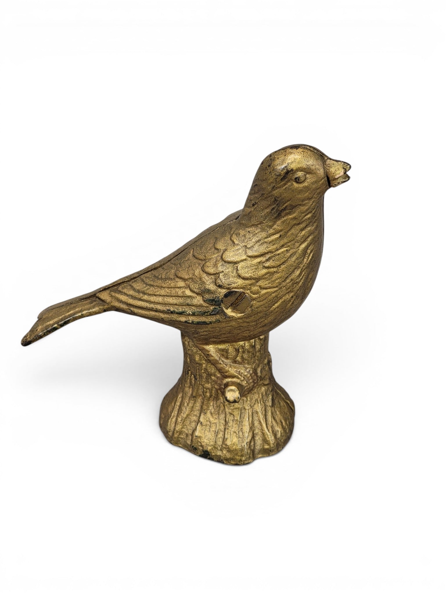 CAST IRON SONGBIRD BANK: AC Williams, Songbird on Stump (Bird Toy Bank) (Moore 664). Provenance: a northeast Ohio collection. NOTE: We are happy to answer questions and take additional photos of lots prior to the auction