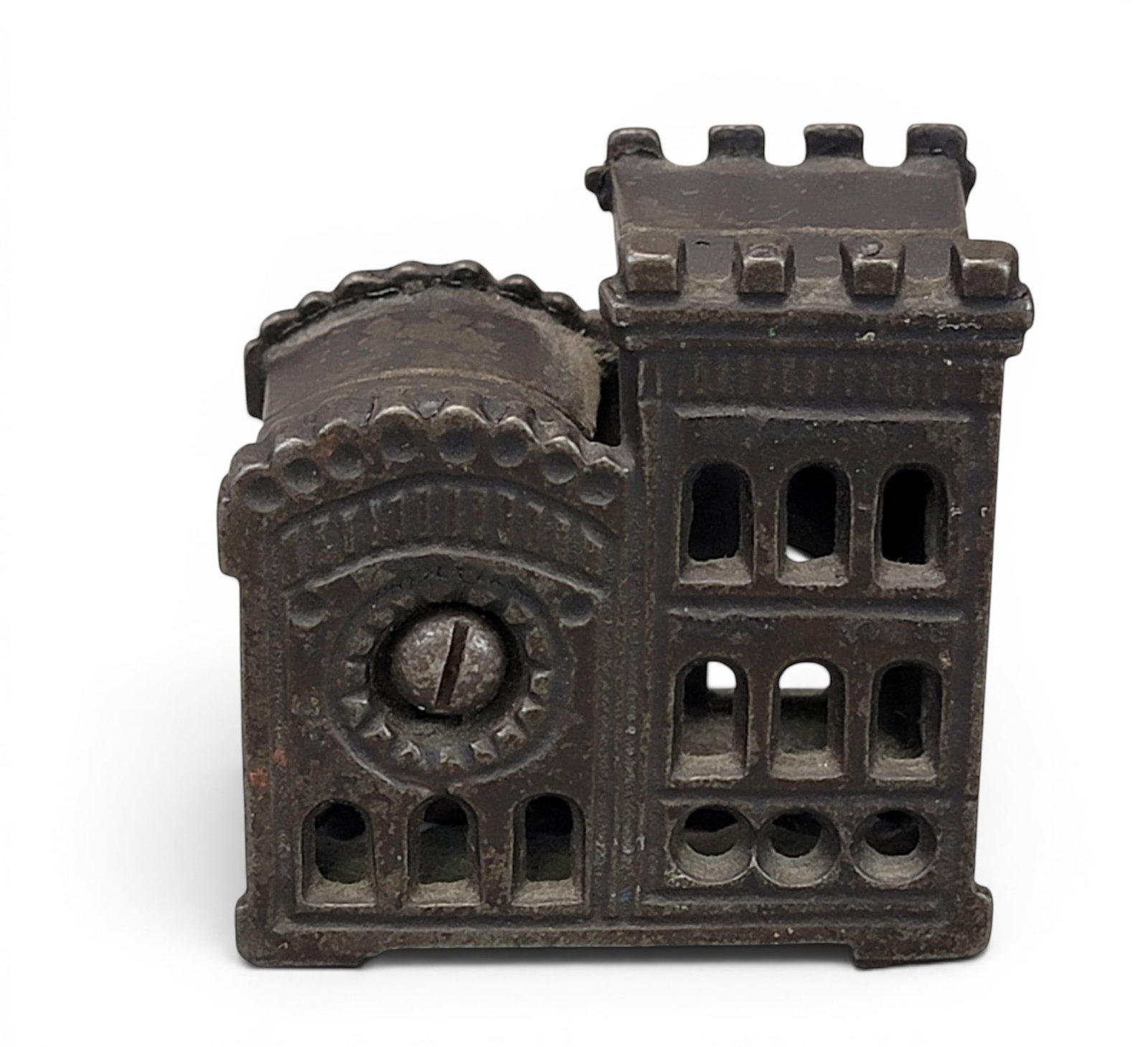 CAST IRON BUILDING BANK: English, Rose Window (Moore 1170). Provenance: a northeast Ohio collection. NOTE: We are happy to answer questions and take additional photos of lots prior to the auction (the sooner submitted the