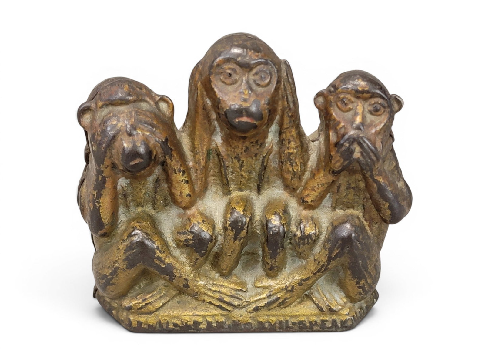 CAST IRON THREE WISE MONKEYS BANK: AC Williams. (Moore 743). Provenance: a northeast Ohio collection. NOTE: We are happy to answer questions and take additional photos of lots prior to the auction (the sooner submitted the better). Any