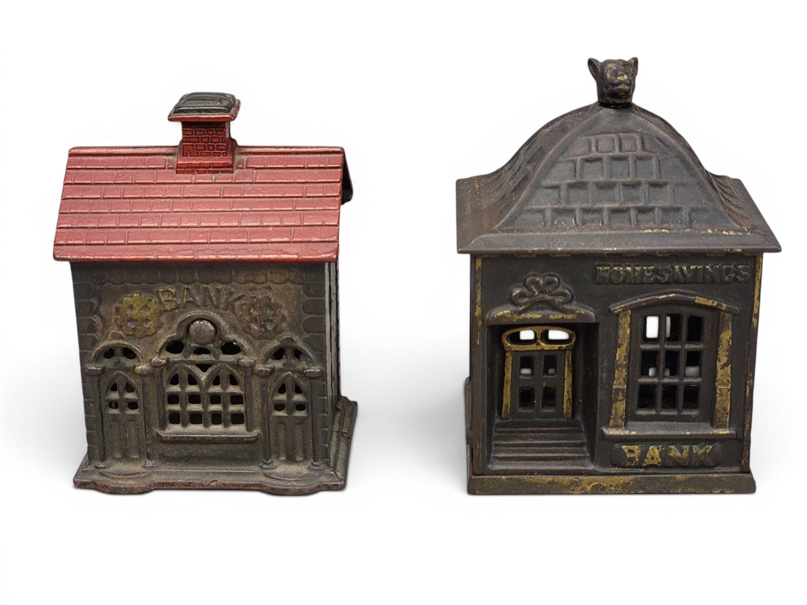 TWO CAST IRON BUILDING BANKS (1 of 5)