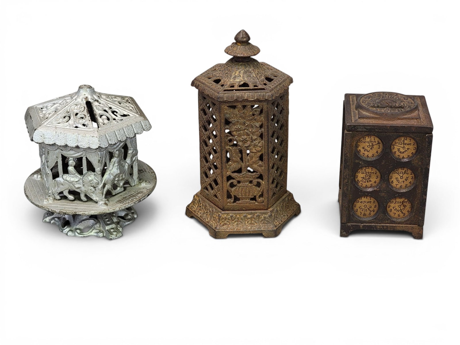 THREE CAST IRON FIGURAL BANKS (1 of 13)