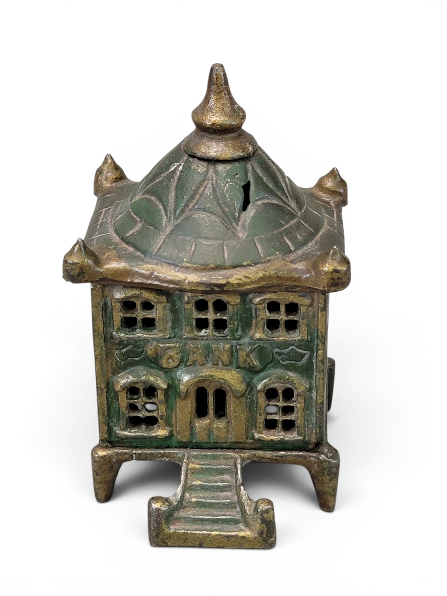 CAST IRON BUILDING BANK: England, Pagoda (Moore 1153). Provenance: a northeast Ohio collection. NOTE: We are happy to answer questions and take additional photos of lots prior to the auction (the sooner submitted the better).