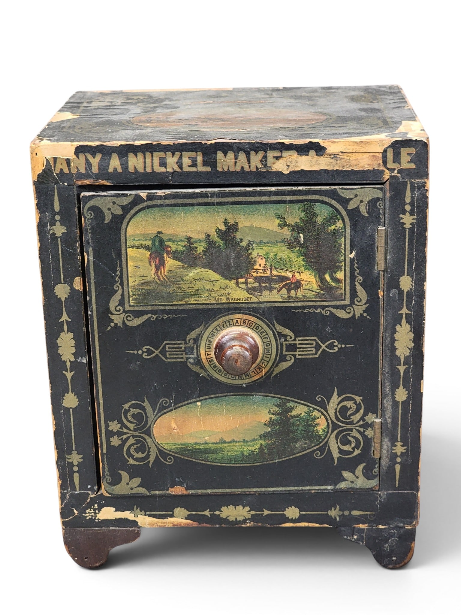 DECORATED TOY BANK: American, late 19th century, wood. Combination roller bank with pictorial chromolithograph decoration inside and out, including "MANY A NICKEL MAKES A MUCKLE." 10" high. Provenance: a northeast Ohio c