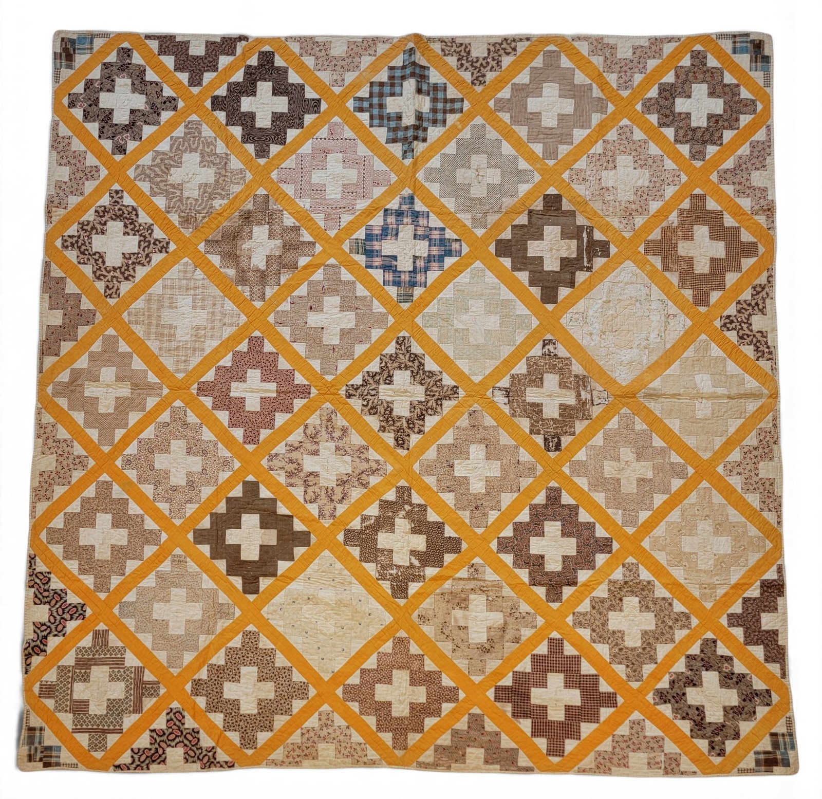 ASHTABULA COUNTY, OHIO SIGNATURE QUILT: Mid-19th century. 41 signature blocks in printed browns and cheddar. 84" square. Provenance: the collection of the late Dr. Virginia Gunn, Wooster, Ohio. NOTE: We are happy to answer questions and