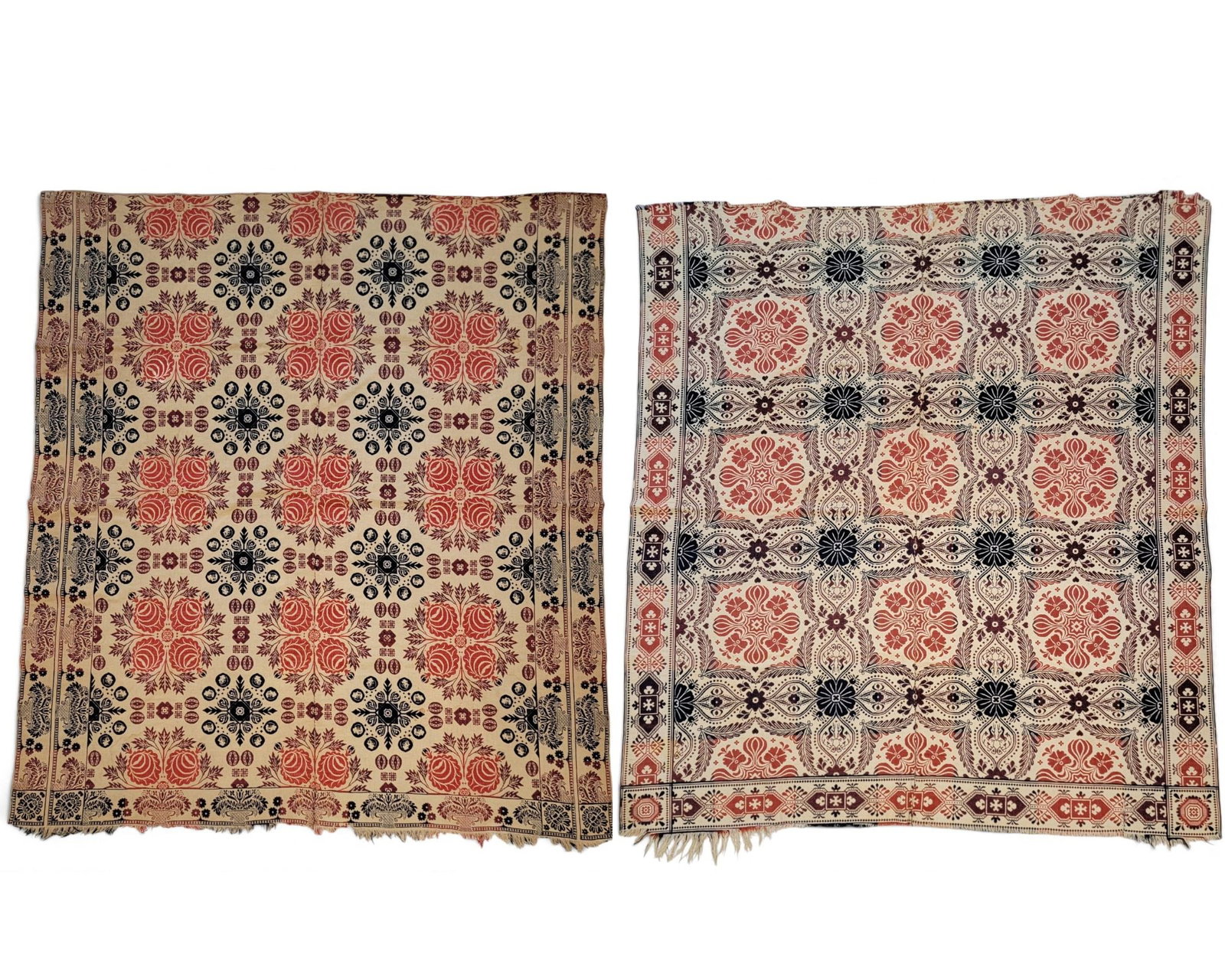 TWO JACQUARD COVERLETS: American, mid-19th century. Includes a blue, red, burgundy, and natural coverlet with flora decoration and tiny birds, 84" by 75"; together with a blue, red, burgundy, and natural coverlet with rose