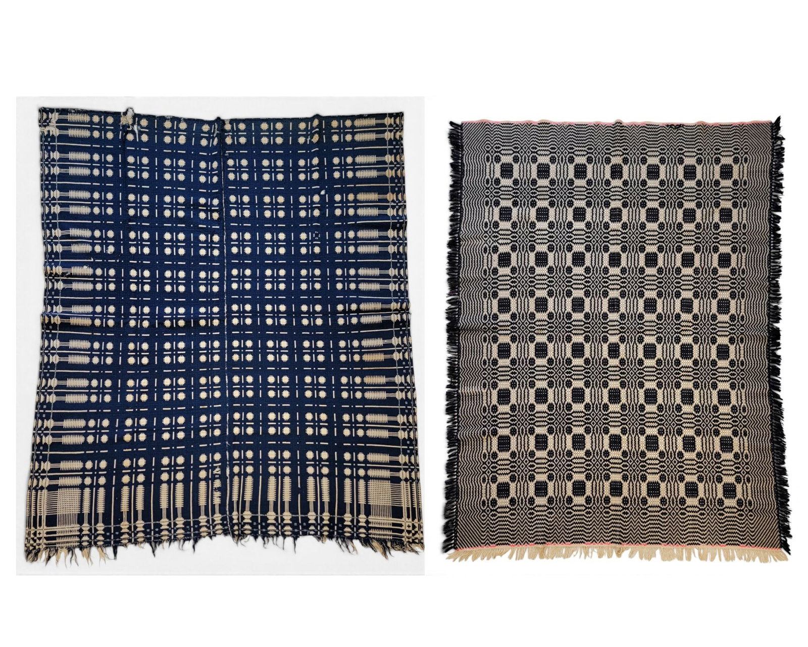 TWO OVERSHOT COVERLETS: American, 1st half-19th century. Both blue and natural, 81.5" by 59" and 77" by 67". Provenance: the collection of the late Dr. Virginia Gunn, Wooster, Ohio. NOTE: We are happy to answer questions