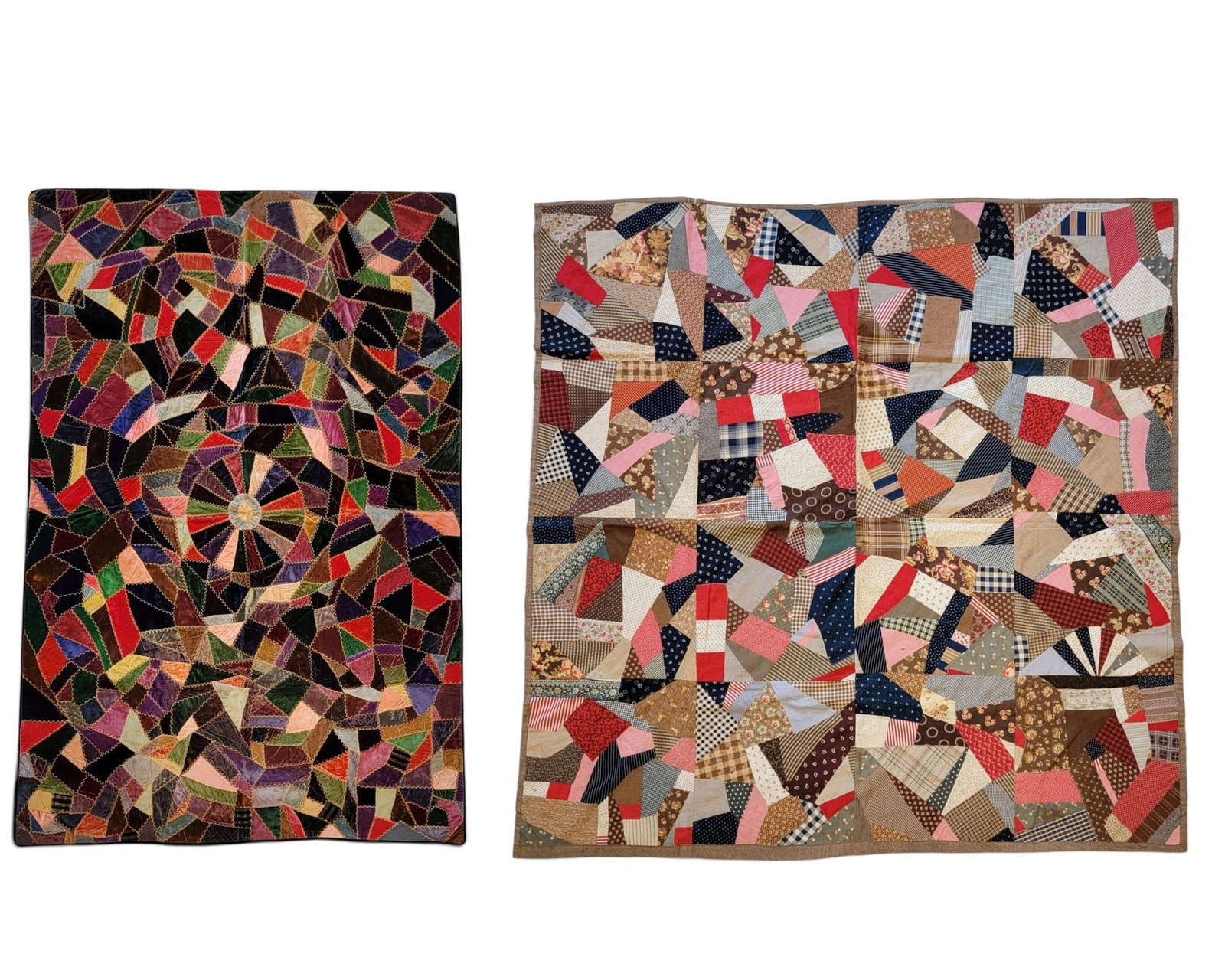 TWO AMERICAN CRAZY QUILTS: Late 19th-early 20th century. One with a central pinwheel and made of velvets and with embroidery, 73" by 49"; together with another with "hidden" US flags made by aligning star-printed blue fabric wi