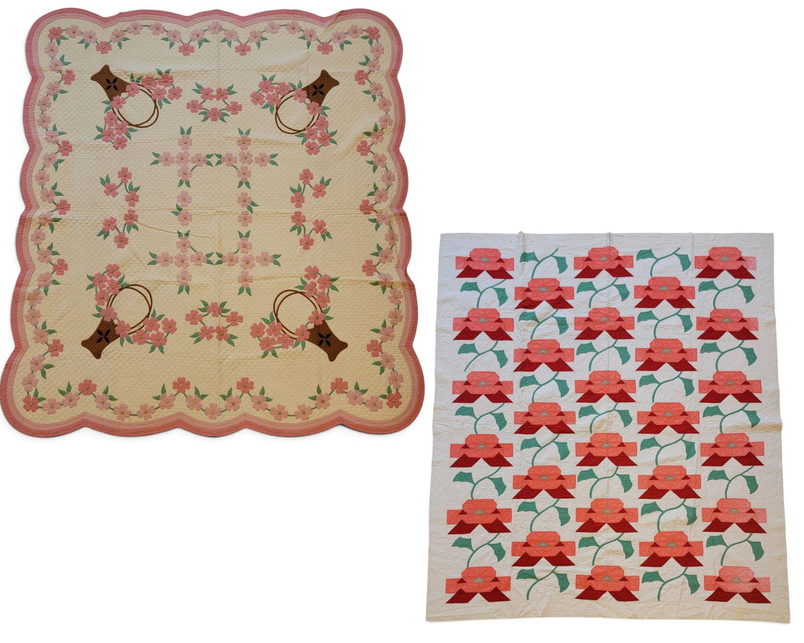 TWO FLORAL APPLIQUE QUILTS: American, 2nd quarter-20th century. Includes an elaborate quilt with flower baskets and a floral border, 95" by 87"; together wtih a quilt with 26 stylized flowers in reds and green, 83" by 74". Prove
