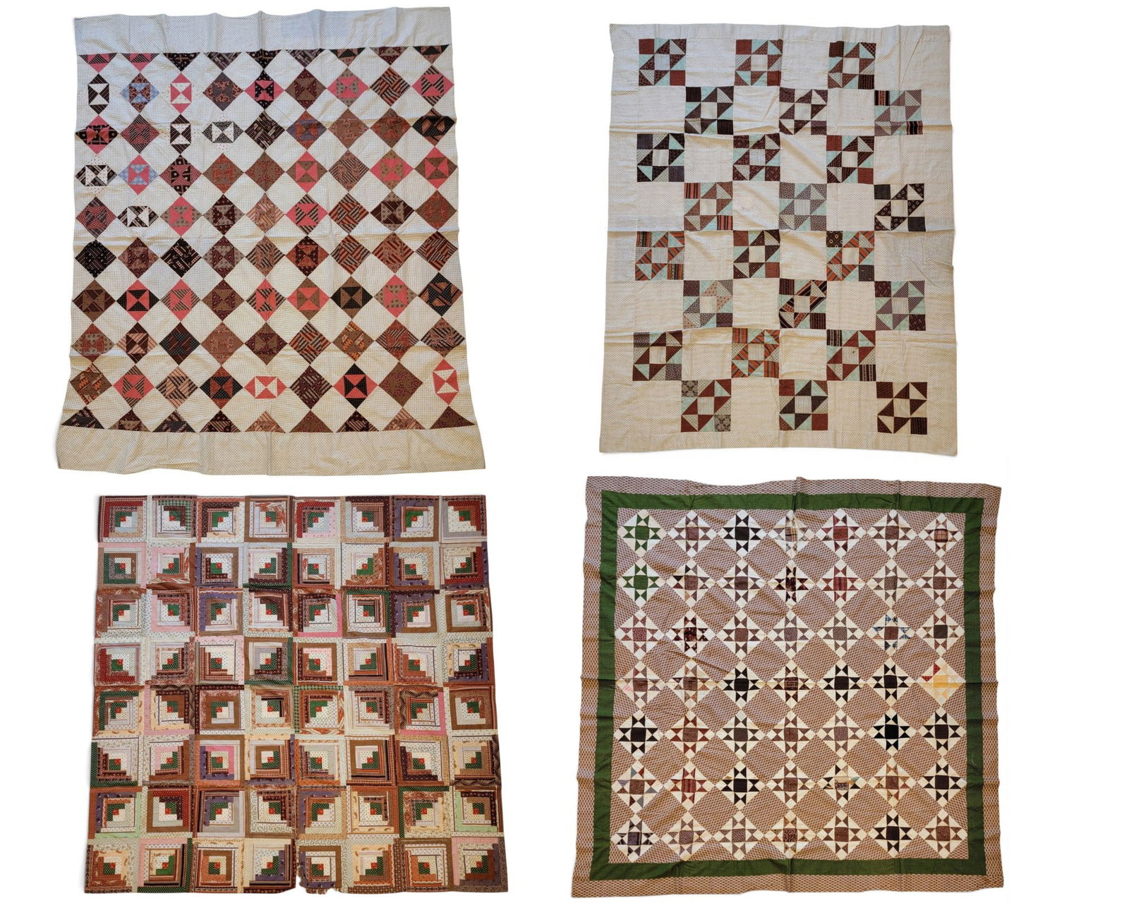 FOUR AMERICAN QUILT TOPS: Late 19th century, pieced. Two bowtie variations, a log cabin, and an Ohio star, all in printed fabrics. 82.5" by 17"; 75.5" by 60.5"; 83" square; and 81" by 80". Provenance: the collection of the