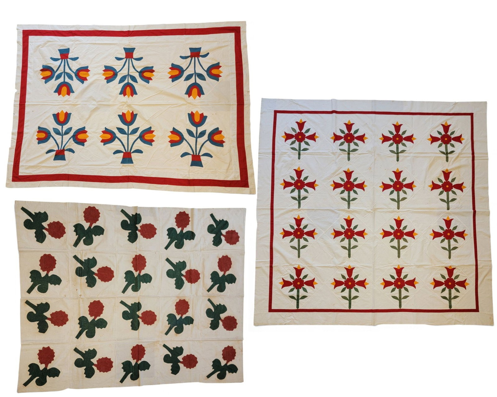 THREE FLORAL APPLIQUE QUILT TOPS: American, late 19th century. Variously with red, blue, green, and cheddar. 84" by 83"; 96" by 68"; and 67" by 53". Provenance: the collection of the late Dr. Virginia Gunn, Wooster, Ohio. NOTE: We