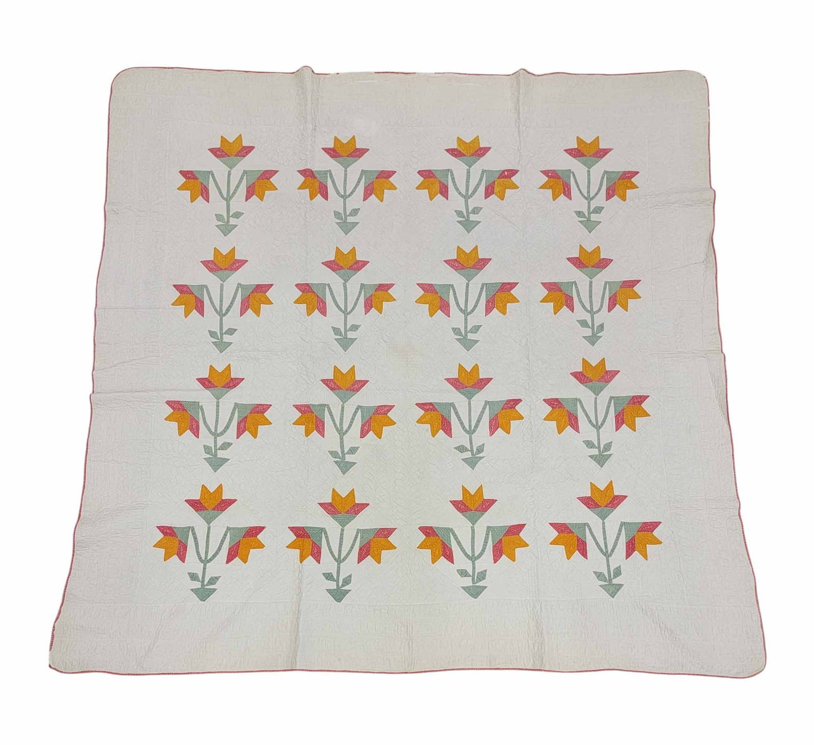 FLORAL APPLIQUE QUILT: American, 19th century, cotton. Red, green, and cheddar floral quilt. 75.5" by 74". Provenance: the collection of the late Dr. Virginia Gunn, Wooster, Ohio. NOTE: We are happy to answer questions and