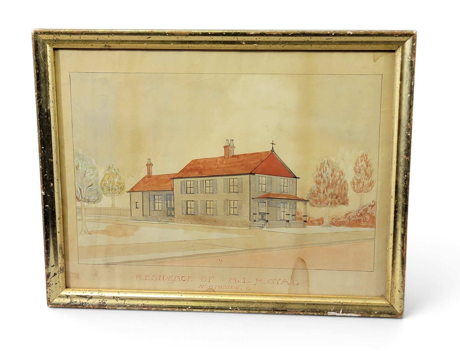 PORTRAIT OF A CINCINNATI, OHIO HOME: "Residence of Mr. L. Royal Northside, O." and signed "C. Murray 06" in the lower right. Pencil and watercolor portrait of a gray house with red roof. In an antique frame, 12" high, 15" wide. Leman (so