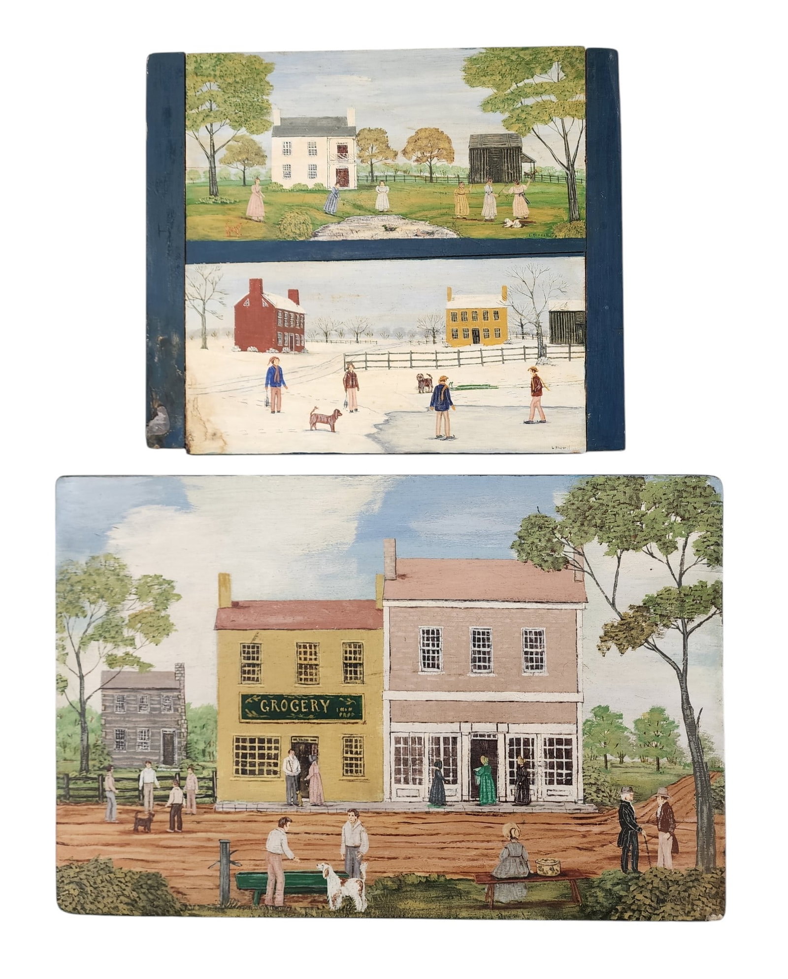 TWO PAINTINGS BY LEW HUDNALL (OHIO, 20TH CENTURY): Oils on earlier (probably) gameboards, signed lower right. One has breadboard ends and two scenes (winter and summer), 15" high, 18" wide; the other has a village scene, 16" high, 24" wide.