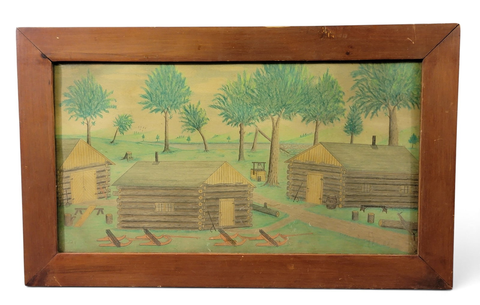 FOLKSY VIEW OF A LOGGING CAMP: Possibly southern Indiana, late 19th century, colored pencil on paper. View of a logging camp, with cabins, sleds, and stumps. Framed, 14" high, 23" wide (overall). The small size, medium, and "acid"