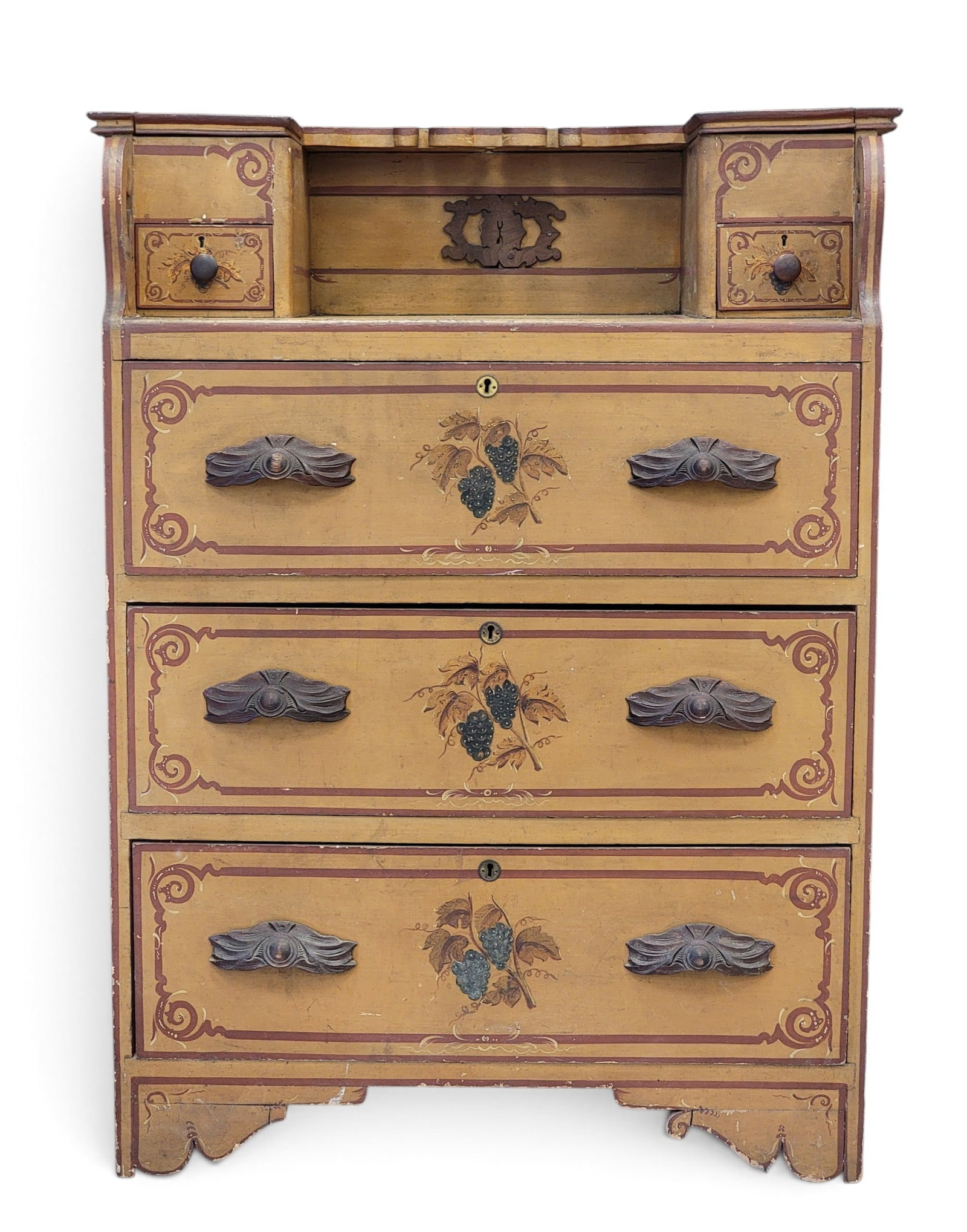 DECORATED CHEST OF DRAWERS WITH A SURPRISE: Probably Summit County, Ohio, 1860-1880, poplar. Victorian cottage-style chest, with hinged compartments over drawers, and a secret sliding compartment in the back. Retains its original fruit