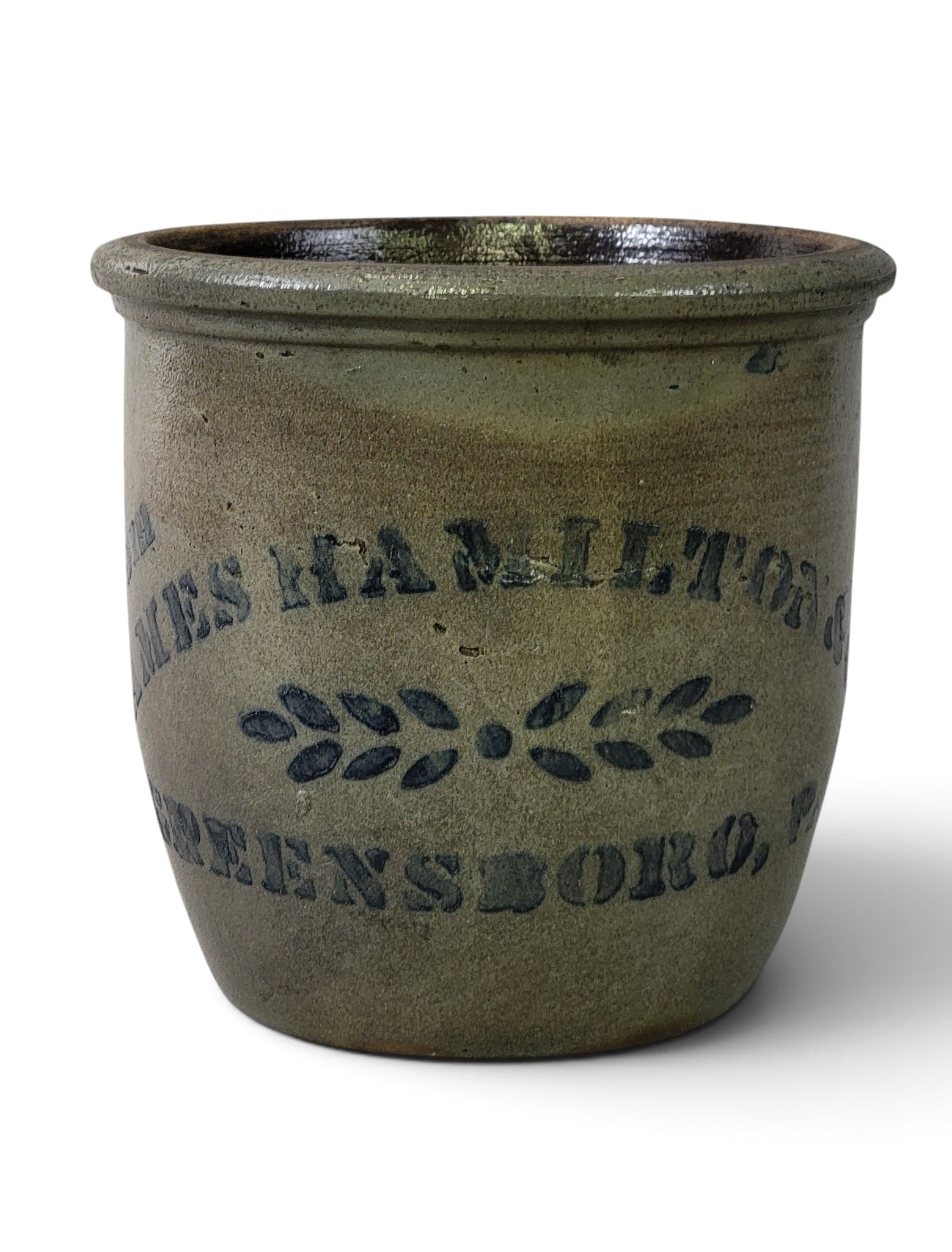 JAMES HAMILTON STONEWARE CREAM POT: Greensboro, Pennsylvania, c. 1880. Small size, with clear stencil. 6.25" high. Provenance: an Ohio collection; purchased from Jack Adamson (Ohio); from the Miller family of eastern Holmes County.