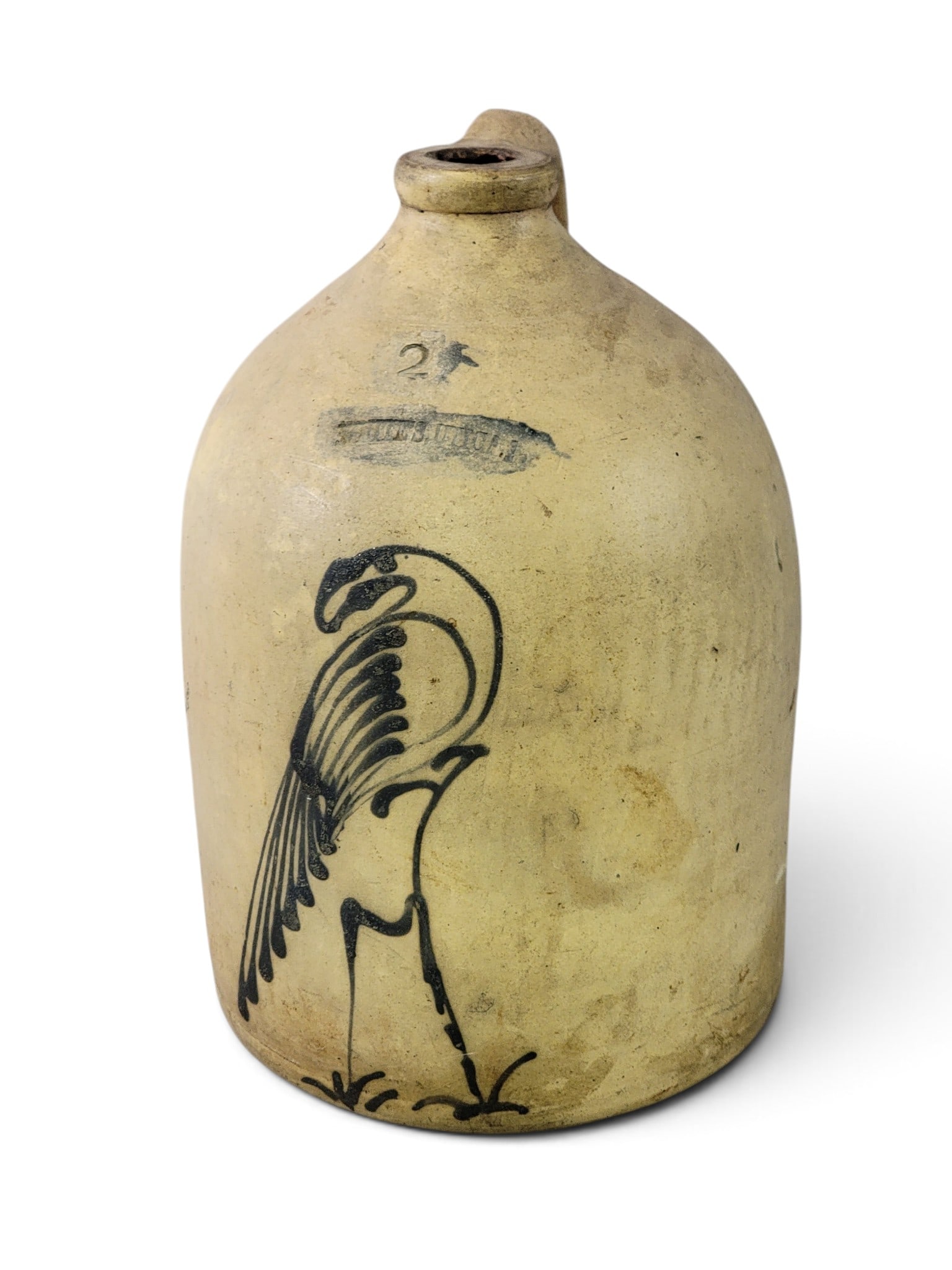 WHITE'S UTICA STONEWARE JUG WITH PHEASANT: New York, 3rd quarter-19th century. Two-gallon jug with cobalt pheasant. 13" high. Provenance: a southwest Ohio collection. NOTE: We are happy to answer questions and take additional photos of lots