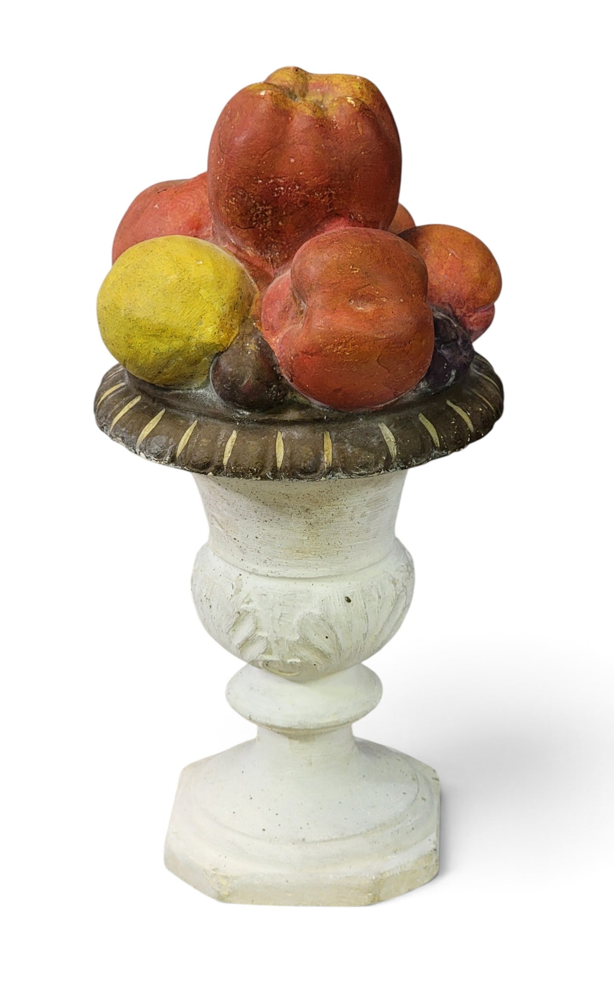 CHALKWARE GARNITURE: URN OF FRUIT: Late 19th-early 20th century. Tall urn containing apples, lemons, peaches, and grapes. 12.5" high. Provenance: an Ohio collection. NOTE: We are happy to answer questions and take additional photos of