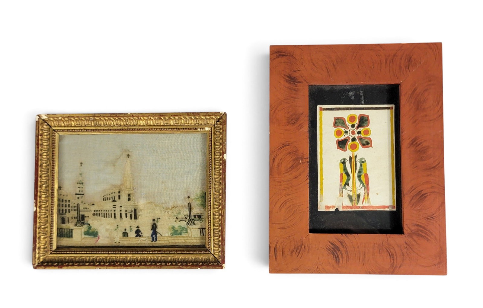 MINIATURE WATERCOLOR OF BIRDS AND A NEEDLEWORK CITYSCAPE (1 of 2)