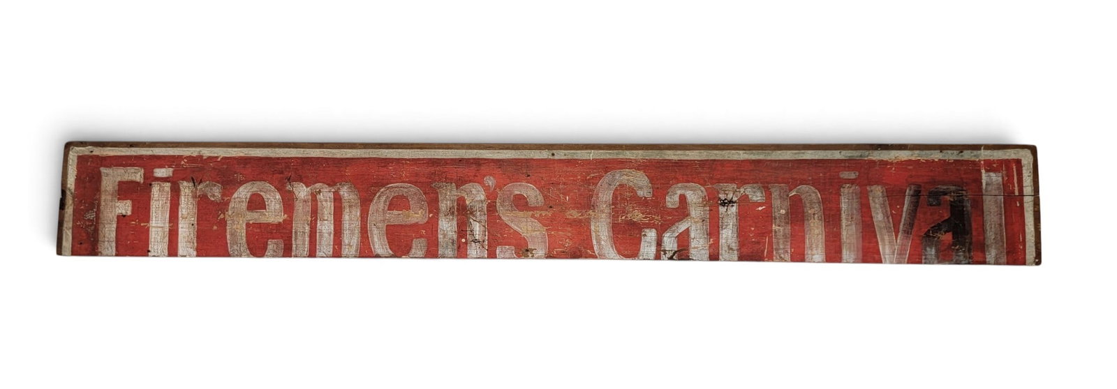 "FIREMEN'S CARNIVAL" SIGN: American, early 20th century, pine. Original red and white paint. 11.5" high, 94" long. Provenance: a southeast Pennsylvania collection. NOTE: We are happy to answer questions and take additional