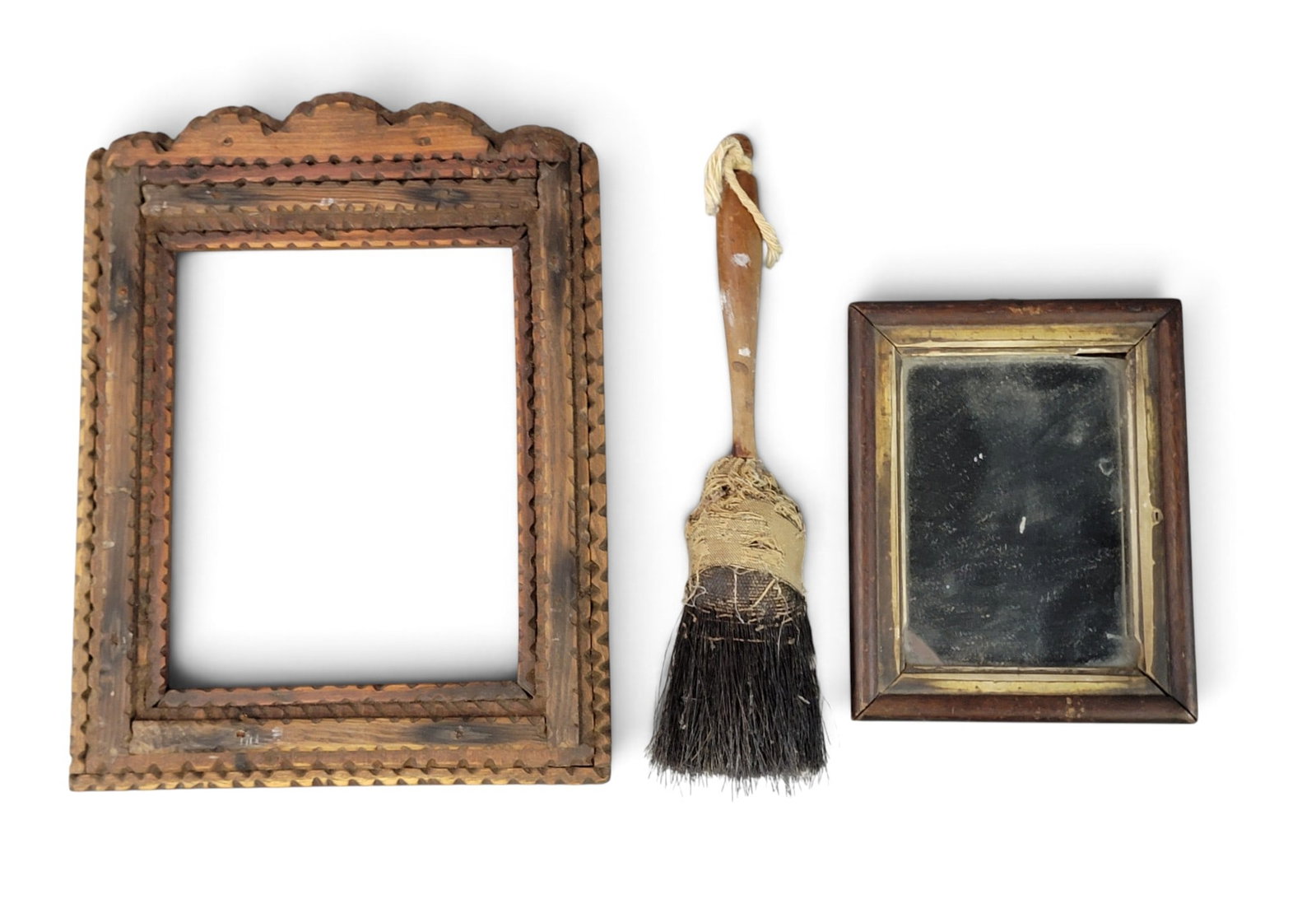 MIRROR, TRAMP ART FRAME, SHAKER BRUSH (1 of 2)