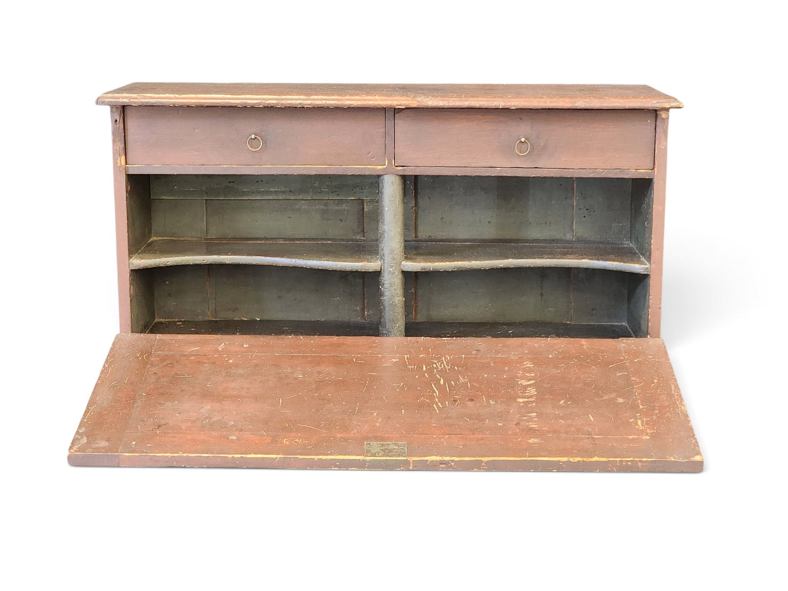 PORTABLE DESK: American, 19th century, pine and poplar. Paneled drop front, the interior with two drawers and shaped shelves, and with original red and dark green paint. 18.25" high, 38.5" wide, 12.5" deep.