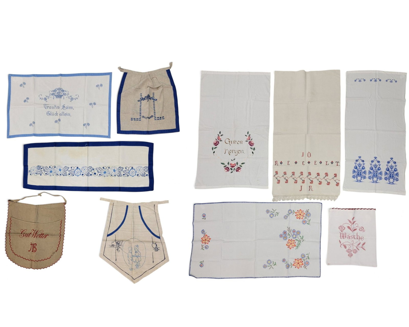 COLLECTION OF EMBROIDERED HOUSEHOLD TEXTILES: German, 1st half-20th century, on linen and cotton. Various sizes. Provenance: a California collection. NOTE: We are happy to answer questions and take additional photos of lots prior to the auction