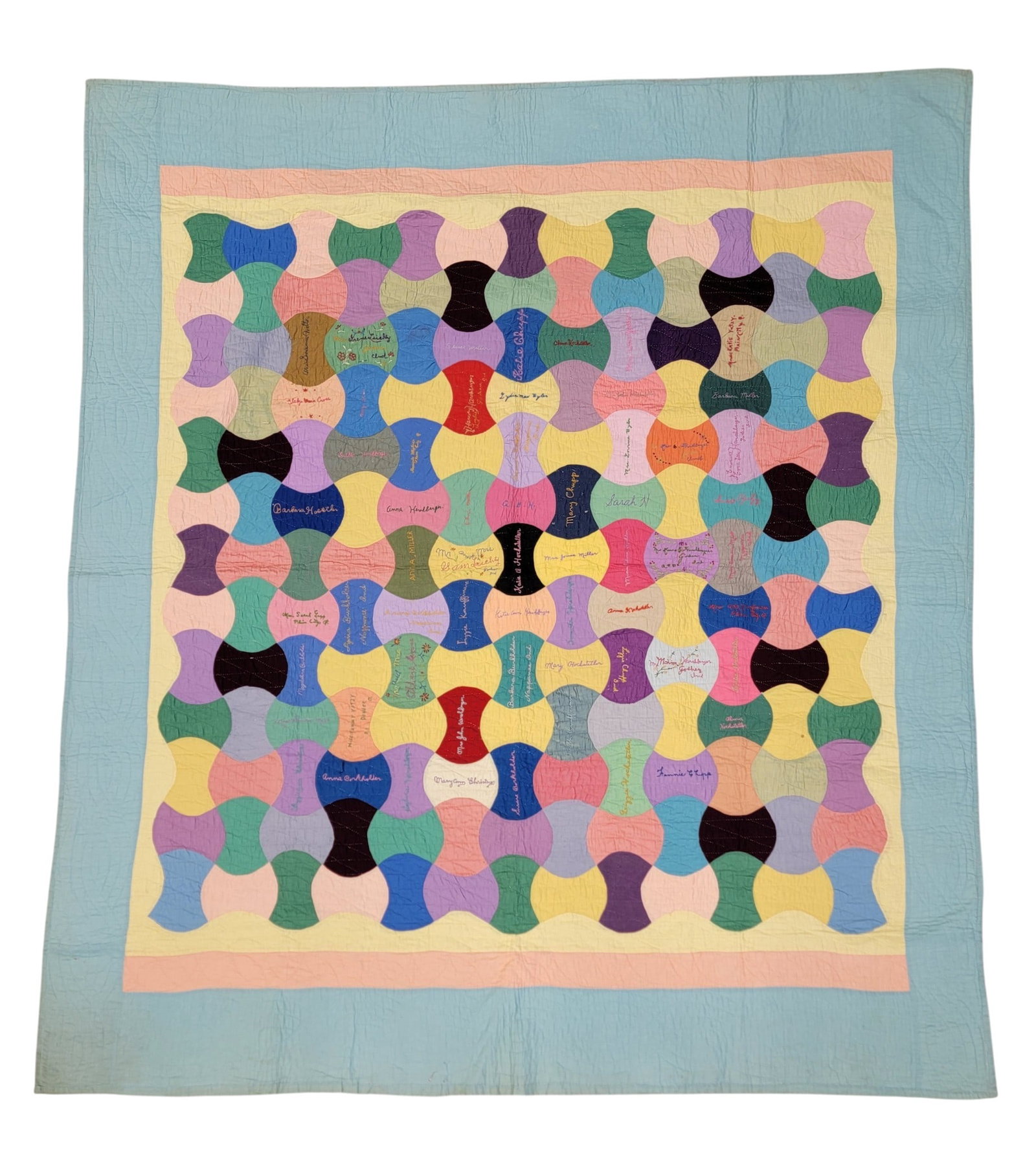 INDIANA AMISH SIGNATURE QUILT: Elkhart County, 1930s. Pieced quilt in bright colors, with numerous embroidered signatures, mostly from Goshen or Nappanee, Indiana, but one is from Plain City, Ohio. 77.5" by 68.5". On the back is a