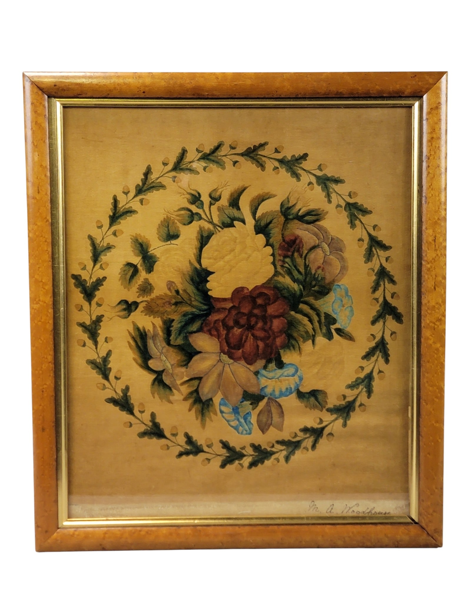 SIGNED THEOREM WITH FLOWERS: American, 2nd quarter-19th century, watercolor on velvet, signed "M.A. Woodhouse" lower right. Spray of flowers surrounded by an acorn wreath. In a period birdseye maple frame. 19.25" high, 16.5"