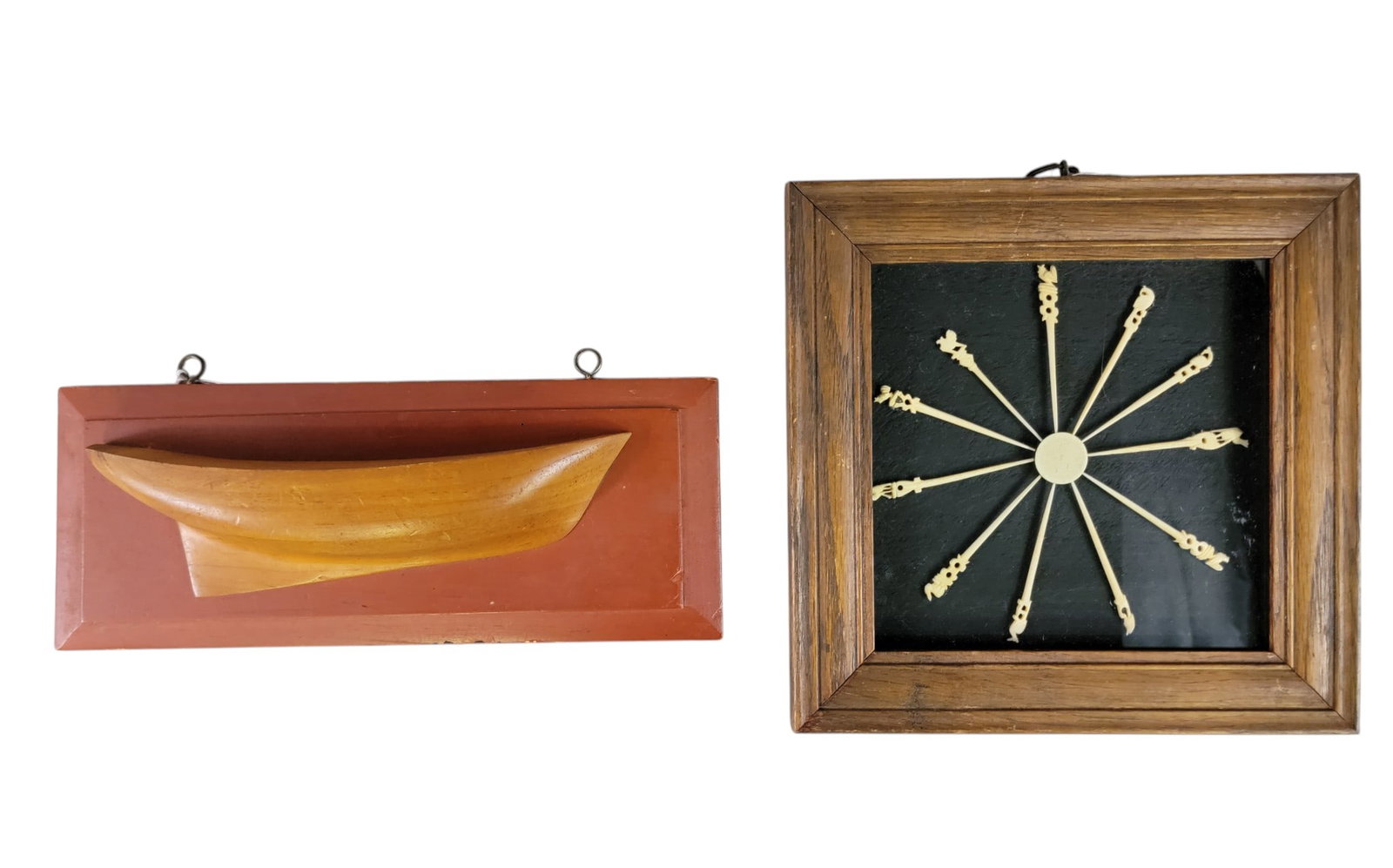 MINIATURE HALF HULL MODEL & BONE TOOTHPICKS: 19th-early 20th century. Small half hull model, 11.75" long; together with a framed collection of carved bone picks, 9.25" square. Provenance: an Ohio collection. NOTE: We are happy to answer