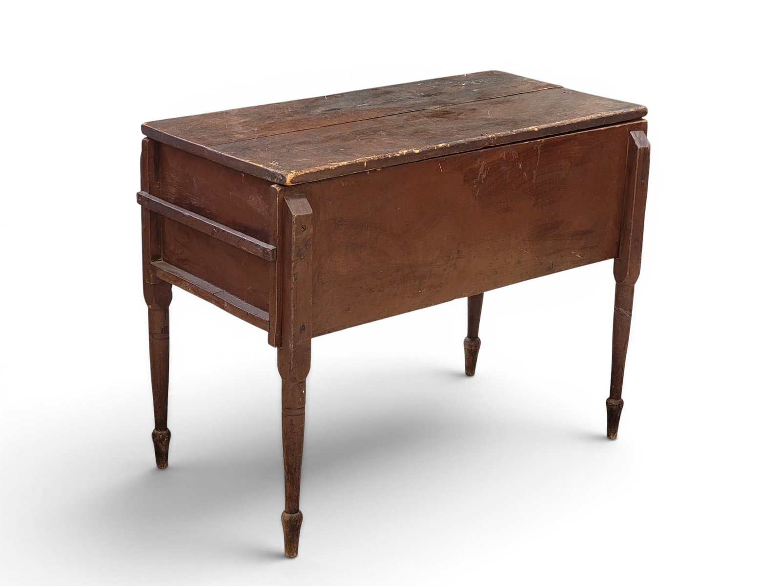 PAINTED SLAW TABLE: Attributed to Viriginia, 19th century, pine. Box with bracket to mount a large slaw cutter, and with a lid and turned legs. 28.25" high, 37.25" wide, 19.5" deep. Provenance: an Ohio collection. NOTE:
