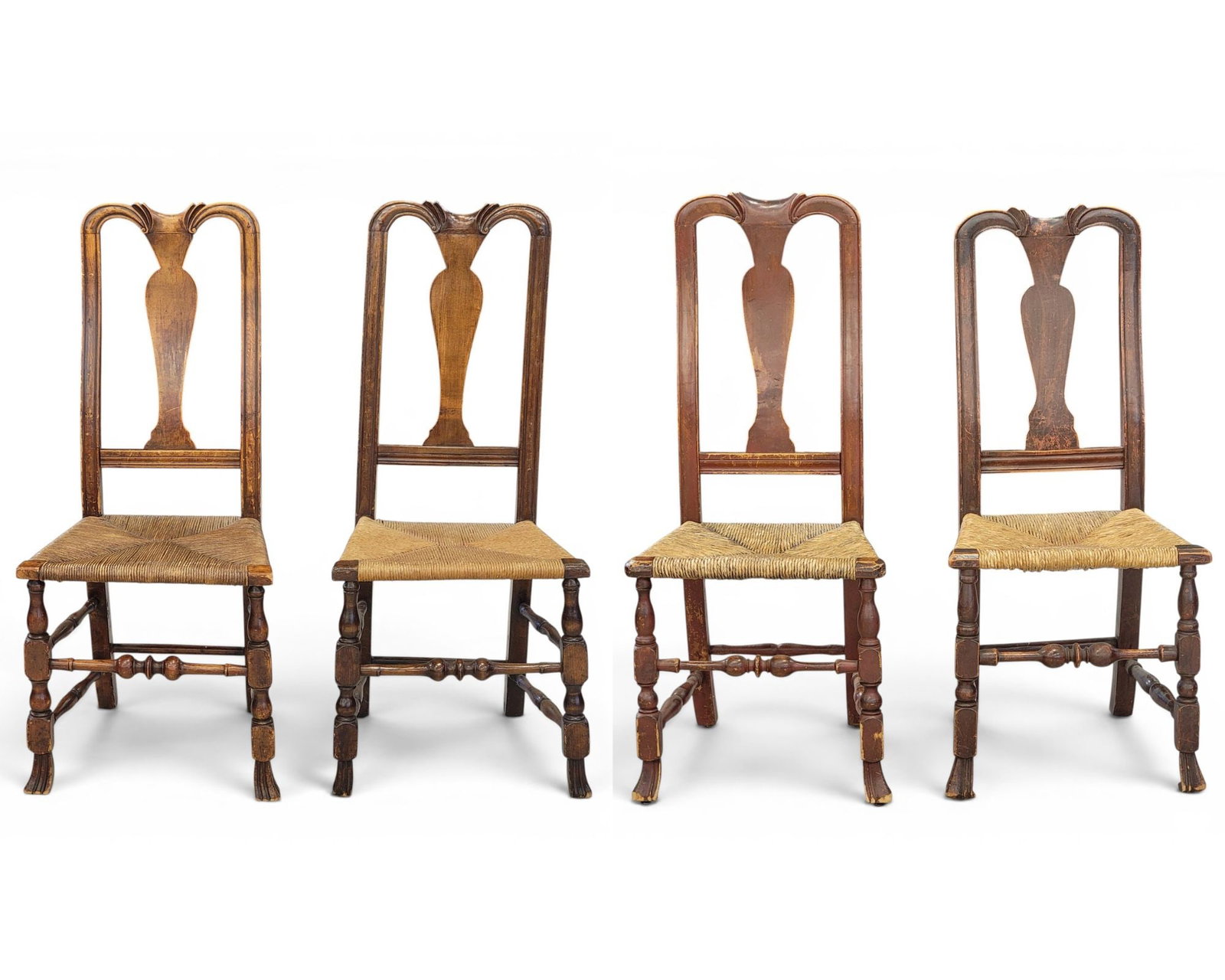 ASSEMBLED SET OF 4 QUEEN ANNE CHAIRS: New England, 1750-1780, maple. Solid splats, turned legs and stretchers, and Spanish feet. 43" high. Provenance: a Pennsylvania collection. NOTE: We are happy to answer questions and take additional p