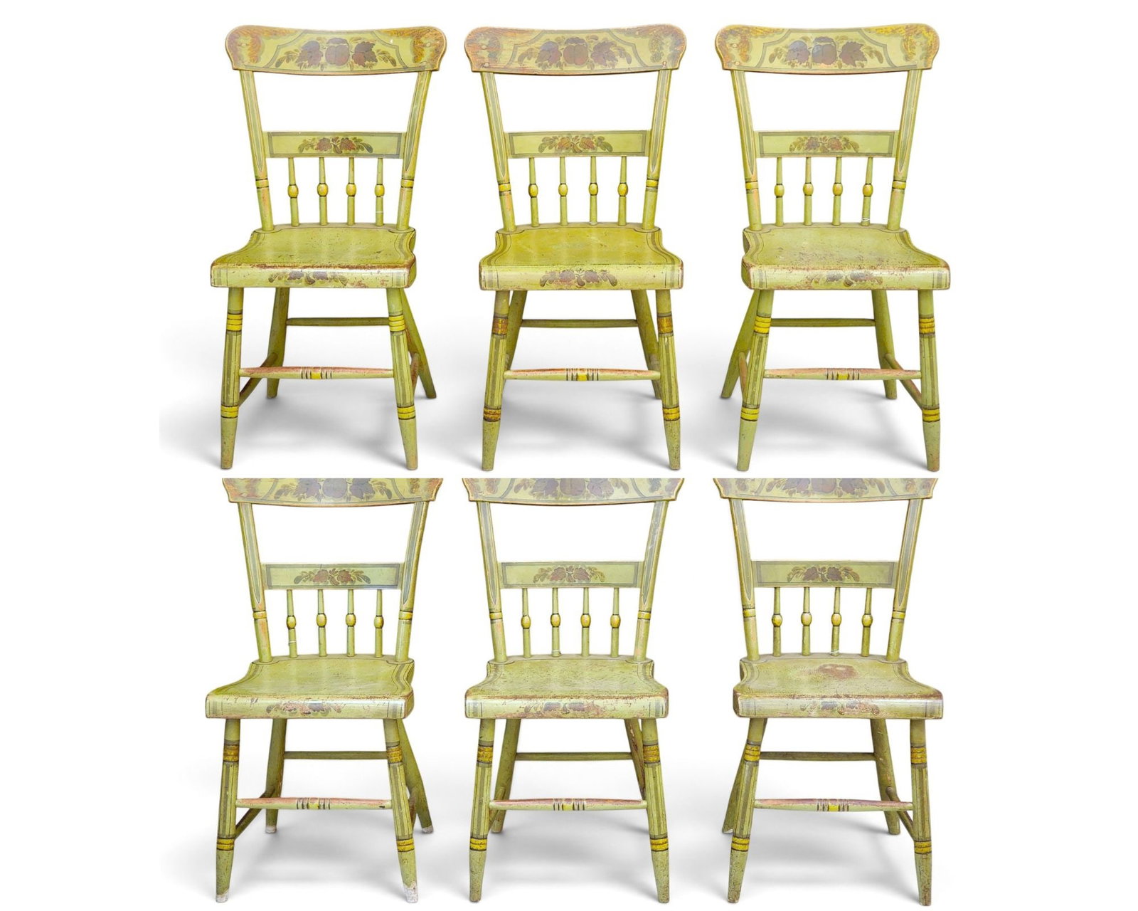 SET OF SIX PAINT-DECORATED WINDSOR CHAIRS: Probably Pennsylvania, 1820-1840, mixed woods including poplar. Half-spindle windsors with their original apple green paint and floral decoration. 33" high. Provenance: a New York State collection NOT