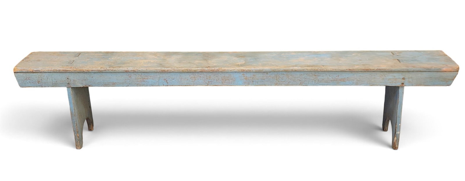 AMERICAN BLUE-PAINTED BENCH: 19th century, pine. Through-tenon construction, with original blue paint. 18" high, 86.75" long. Provenance: a New York State collection NOTE: We are happy to answer questions and take additional phot