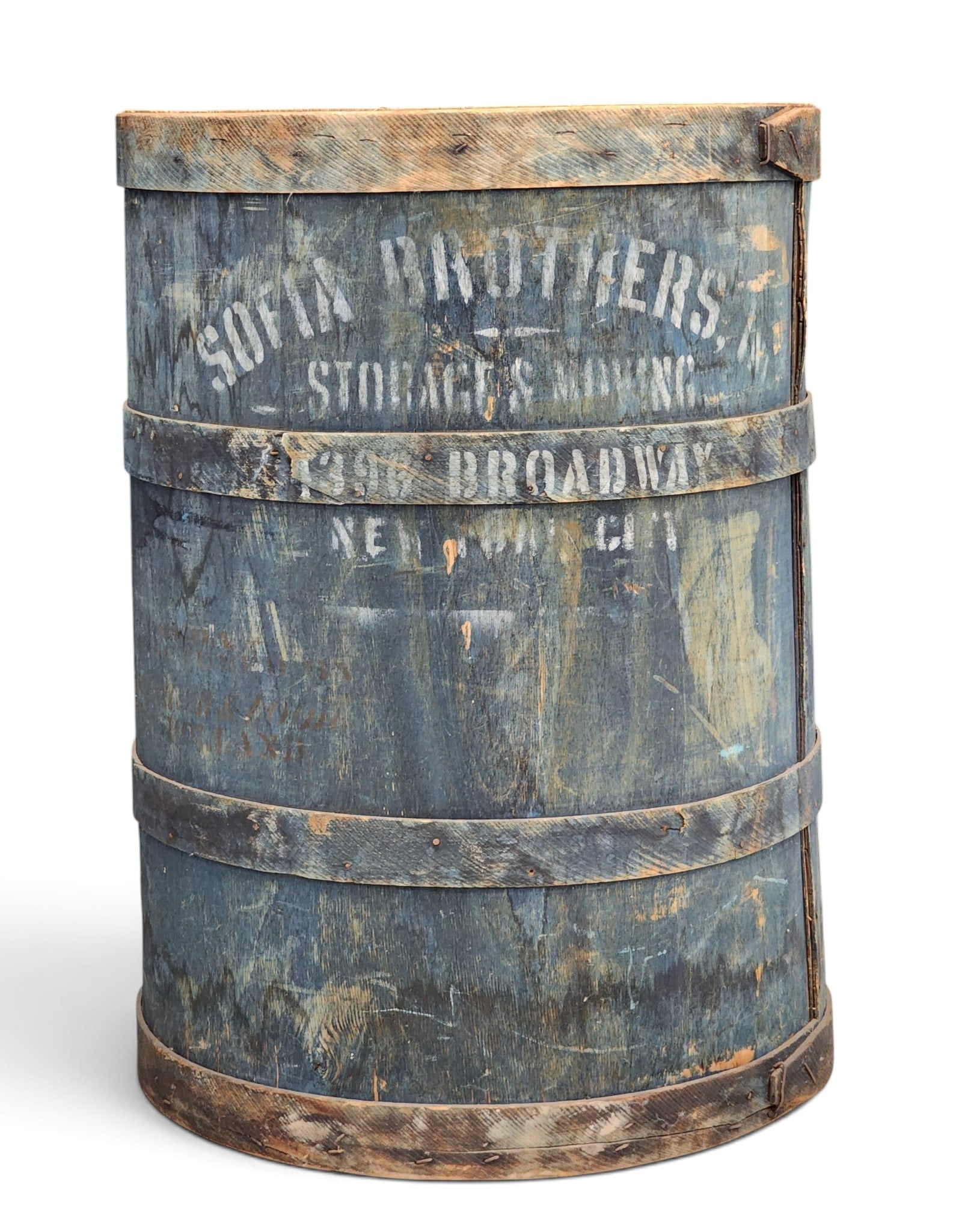 PAINT-DECORATED DISH BARREL: Marked for Sofia Brothers Moving and Storage, New York, NY, early 20th century, Large, bentwood barrel with original blue paint and white stenciled decoartion. 31" high, 23" diameter. Founded by