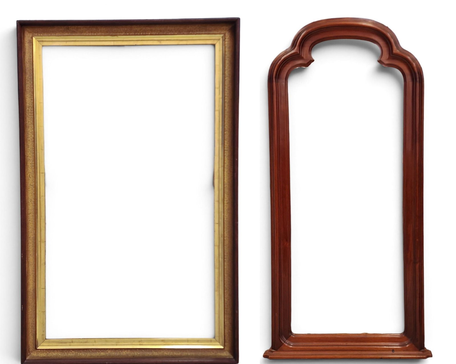 TWO LARGE MIRRORS: American, late 19th century. Includes a mahogany mirror with a shaped top, 51" high, 25.5" wide; together with a rectangular mirror with gilt liner, 53.5" high, 34" wide. Provenance: a New York State