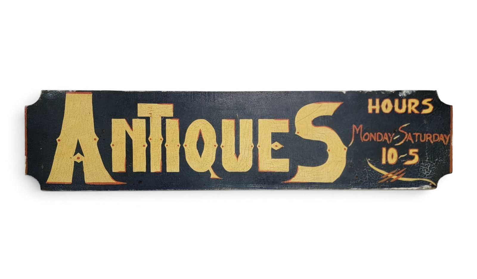 VINTAGE DOUBLE-SIDED "ANTIQUES" TRADE SIGN: American, 20th century. 11.25" high, 48" wide. Provenance: a New York State collection NOTE: We are happy to answer questions and take additional photos of lots prior to the auction (the sooner submit