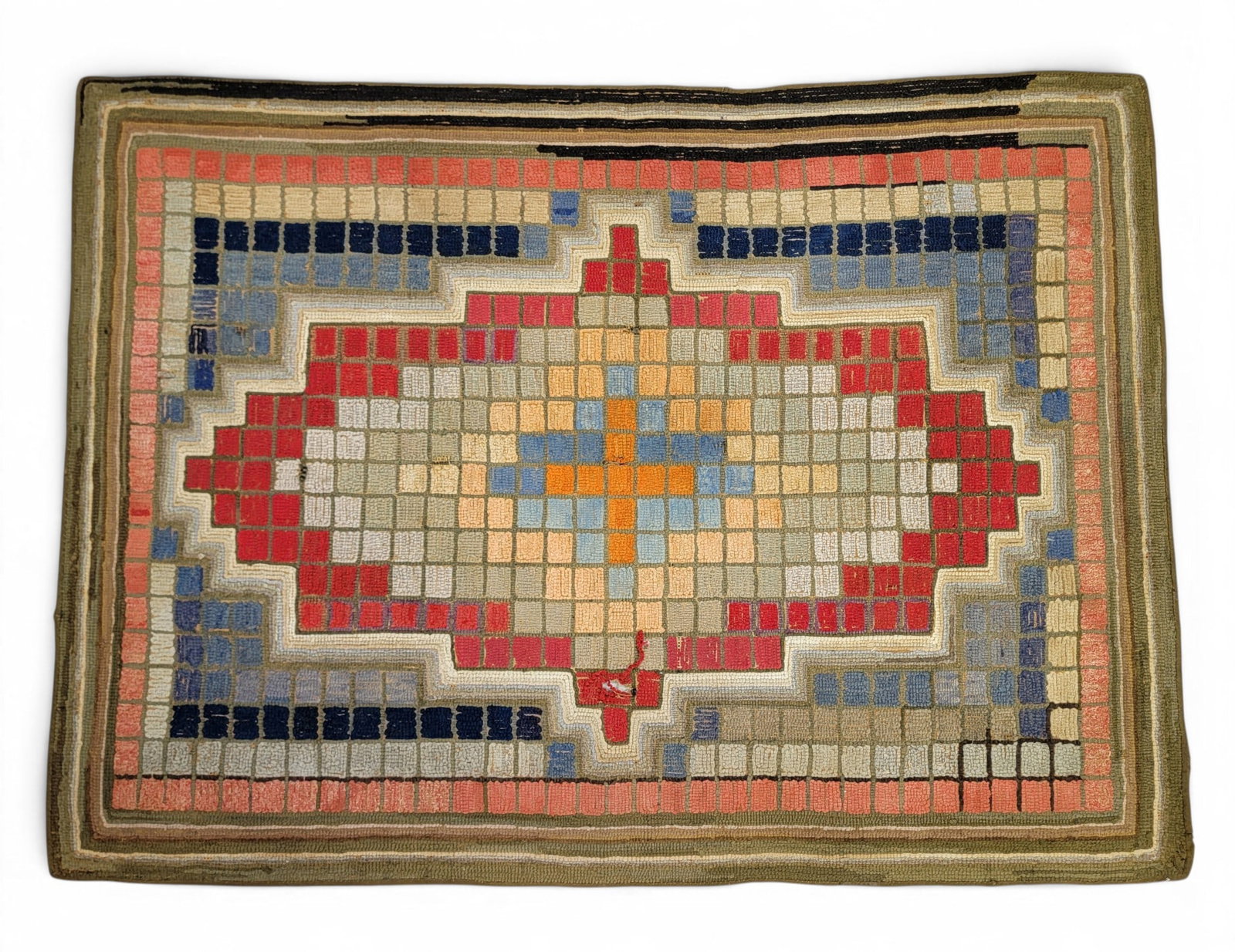 AMERICAN HOOKED RUG: Early 20th century. Large rug with colorful checks. 50" by 36.75". Provenance: a New York State collection NOTE: We are happy to answer questions and take additional photos of lots prior to the