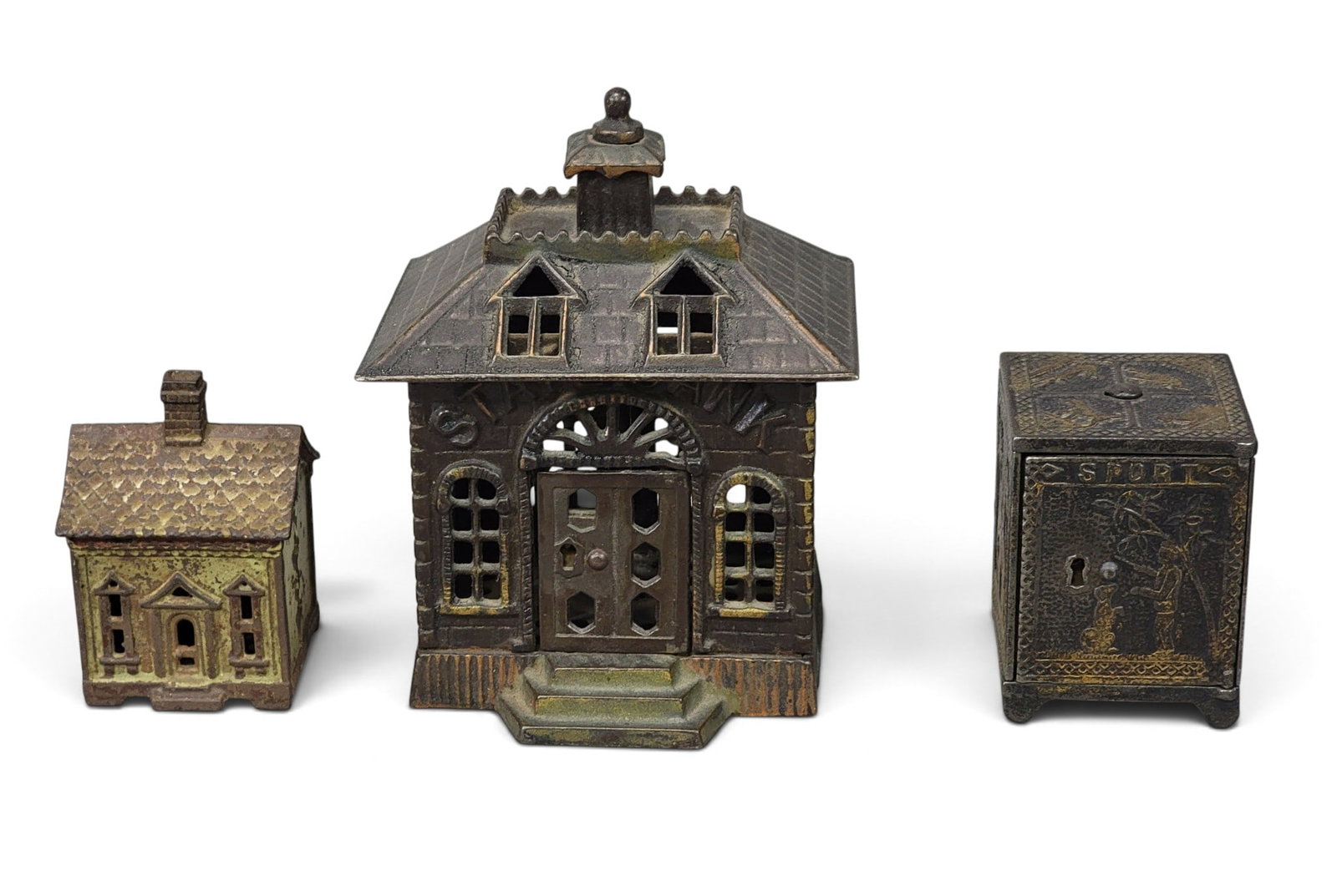 THREE CAST IRON STILL BANKS: Includes State Bank (Moore 1080), a one-story house (Moore 1000), and "Sport" safe (Moore 886). Provenance: a western New York collection. NOTE: We are happy to answer questions and take additional ph