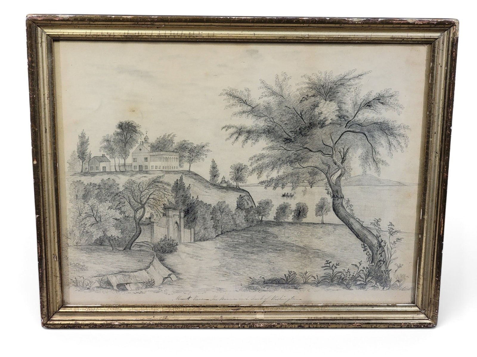 SKETCH OF WASHINGTON'S TOMB AT MOUNT VERNON: 19th century, after the 1853 view published in Gleason's Pictorial Drawing Room Companion. Unsigned, titled below "Mount Vernon-The Mansion and Tomb of Washington." In a period frame.13.5" high,