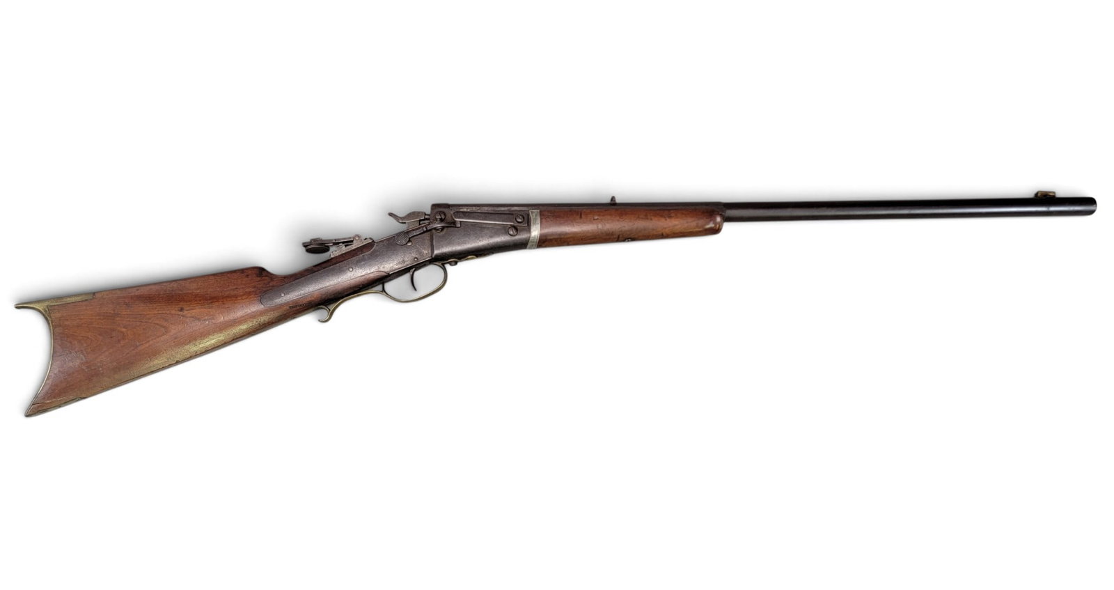 EARLY TIP-UP RIFLE: Engraved "AS" on the barrel top, late 19th century. 22cal, 28" octagonal/round barrel, with tang rear sight. Provenance: the collection of Bob and Maxine Edwards, New Philadelphia, Ohio. NOTE: ** in t