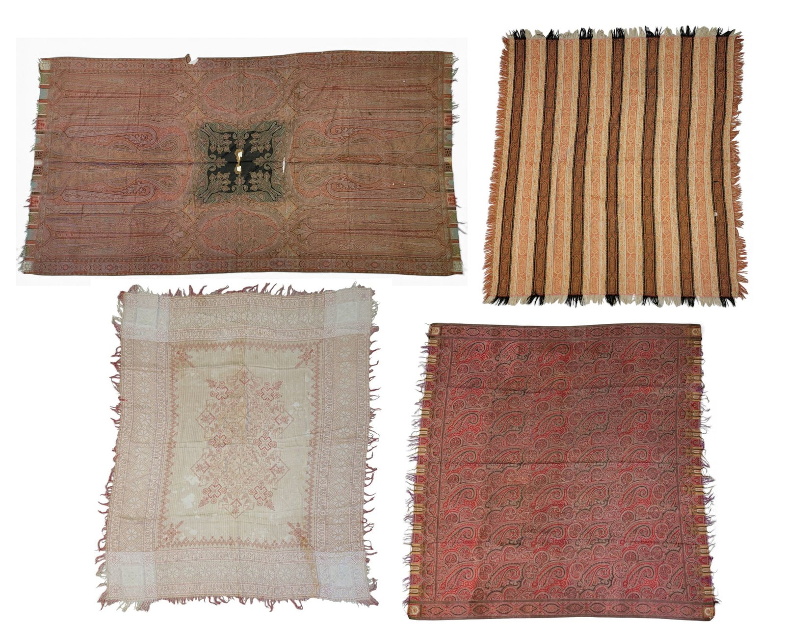FOUR COLORFUL TEXTILES INCLUDING PAISLEY SHAWLS: Three paisley shawls and a red and white woven shawl. Largest is 122" by 64". Provenance: a western New York collection. NOTE: We are happy to answer questions and take additional photos of lots prior