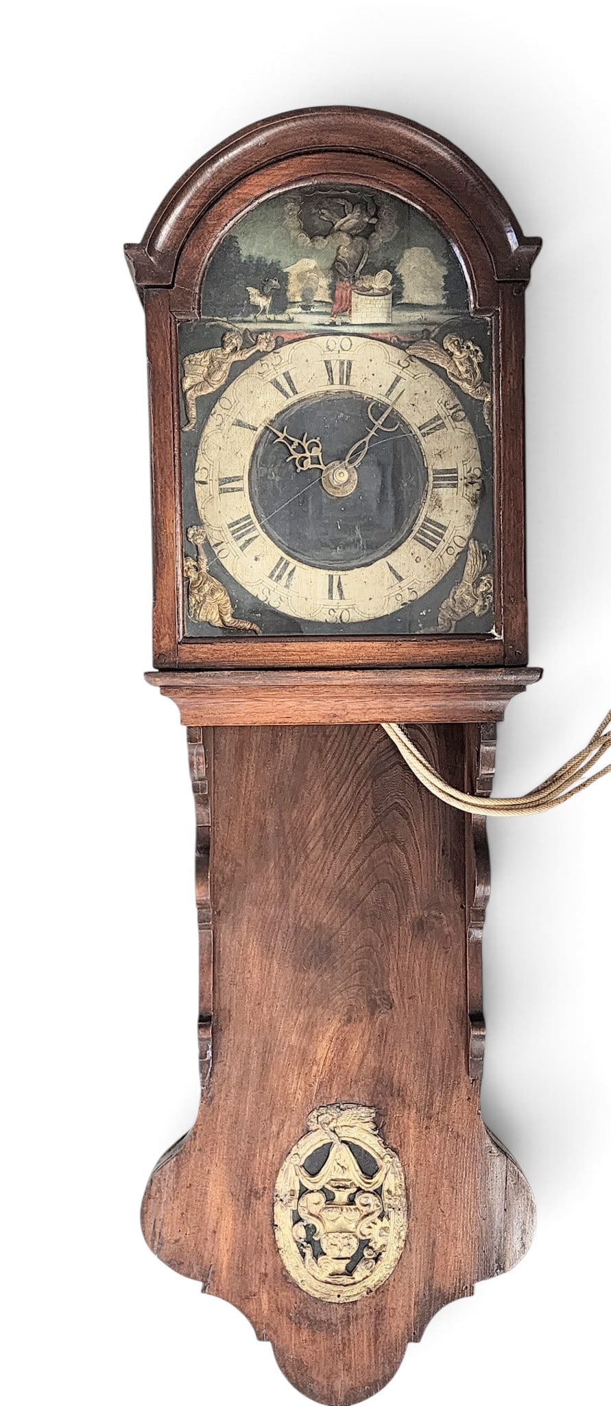 DUTCH STAARTKLOK: Netherlands, 18th-19th century. "Tail clock", with original painted dial, including appears to be Abraham and the angel in the dial arch. 48" high, 15.5" wide. Provenance: a southeast Pennsylvania col