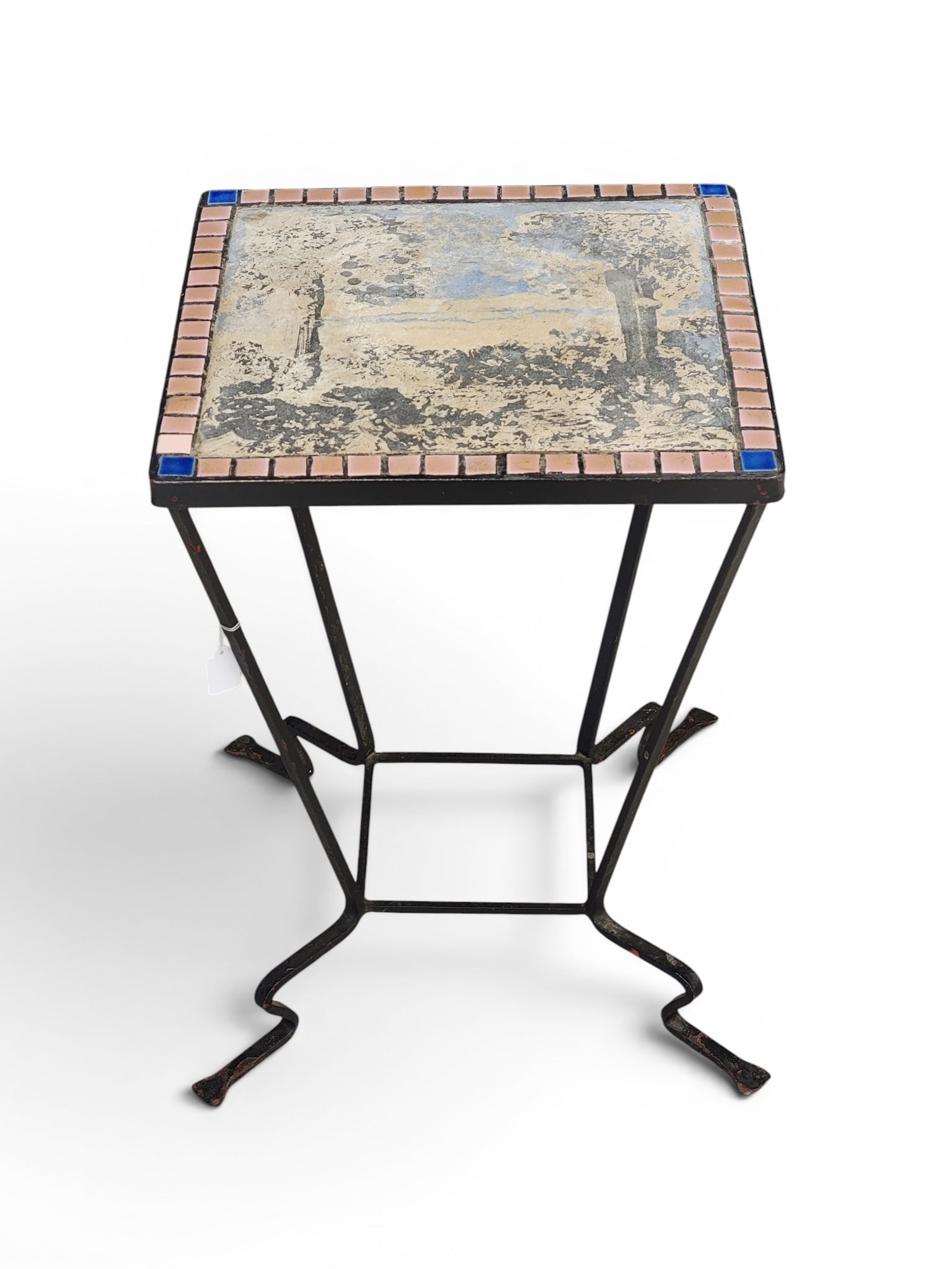ARTS & CRAFTS TILE-TOP TABLE: Possibly California, 1st half-20th century. Iron table, the top with tile depicting sequoias or redwoods. 19.25" high, 14" square. NOTE: We are happy to answer questions and take additional photos of
