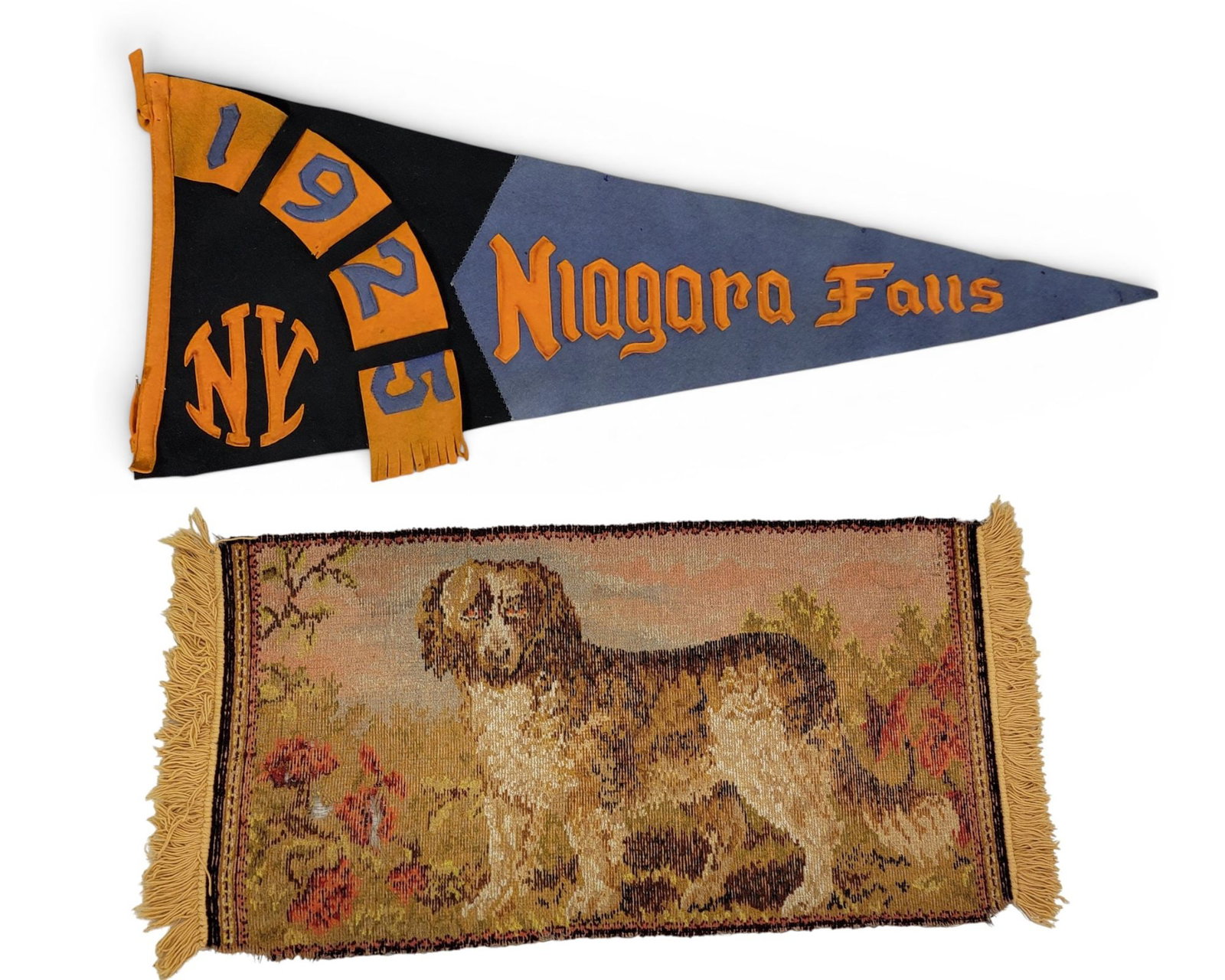 PICTORIAL RUG AND FELT PENNANT: An early 20th-century, Sistersville, West Virginia woven rug with dog, 30" by 61"; together with an applique felt pennant from Niagara Falls, 14" by 34.5". Provenance: a Michigan collection. NOTE: We